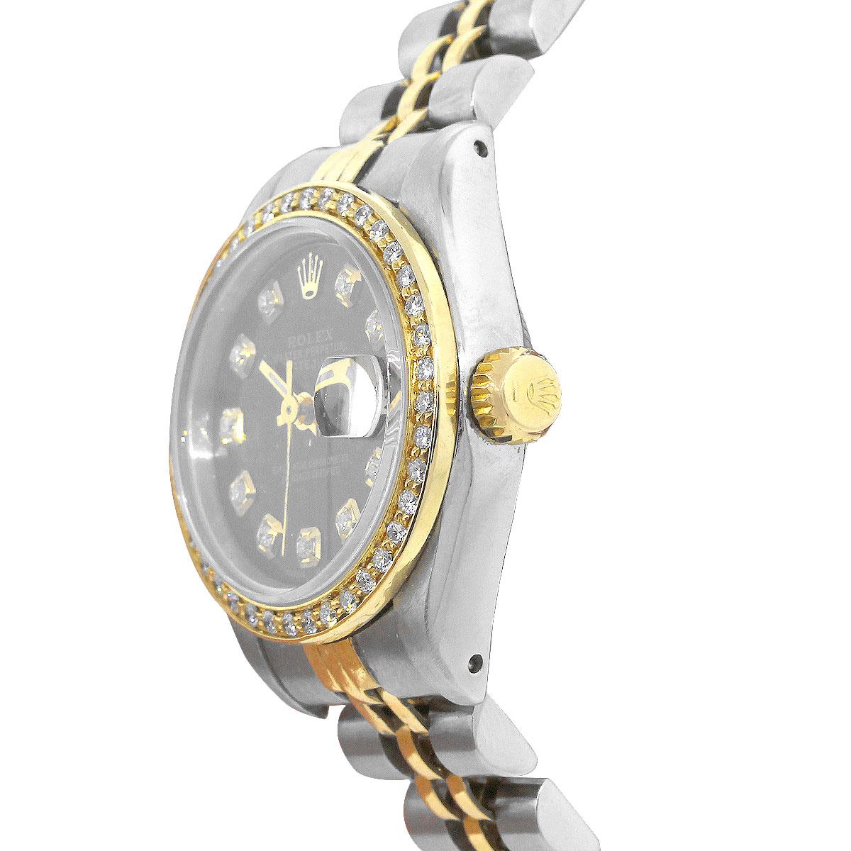 Round Cut Rolex Ladies yellow gold Diamond Black Dial Datejust Wristwatch Ref 69173 