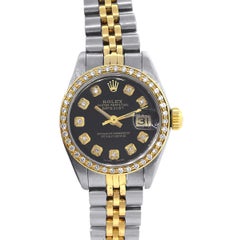 Used Rolex Ladies yellow gold Diamond Black Dial Datejust Wristwatch Ref 69173 