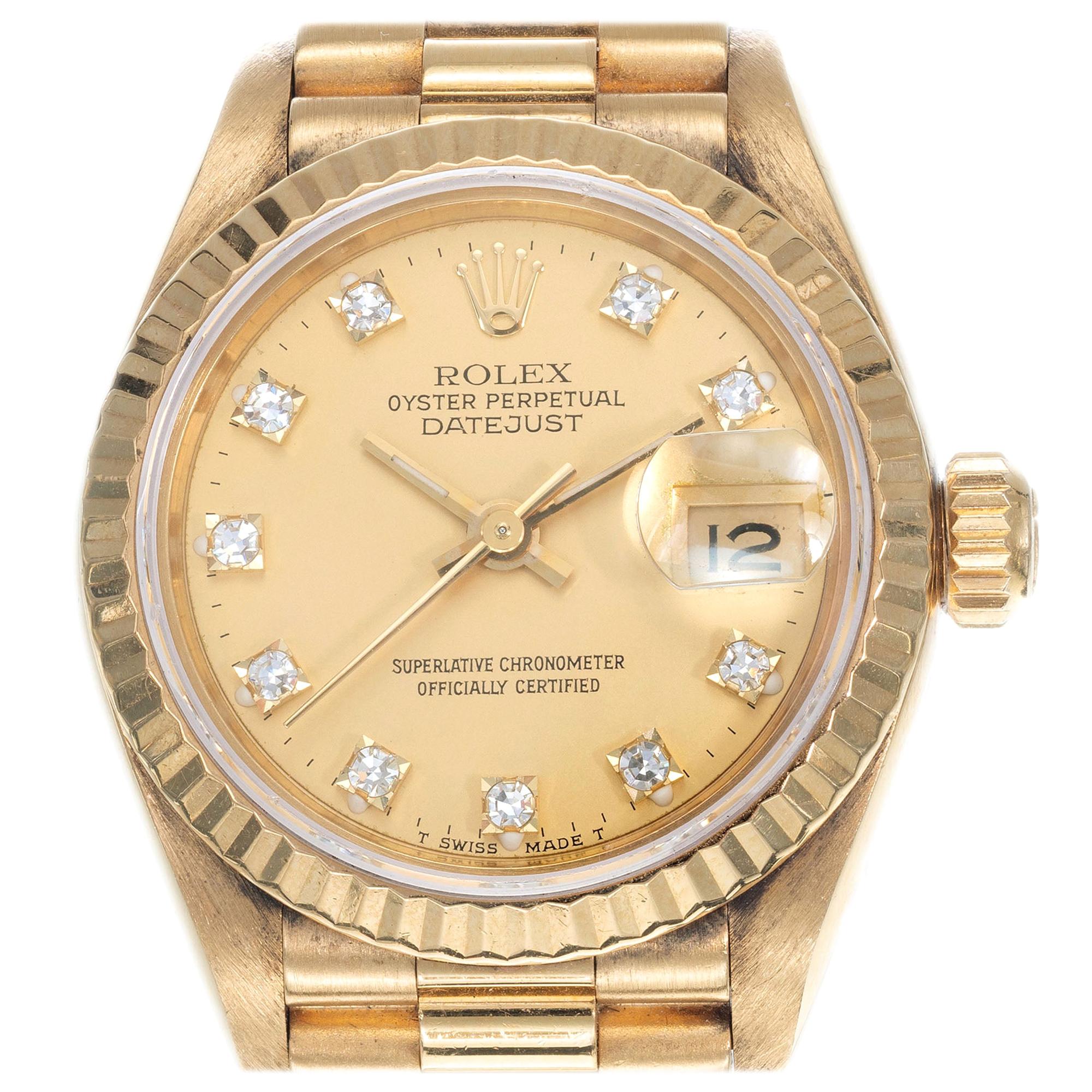 Rolex Ladies Yellow Gold Diamond Dial Datejust Wristwatch Ref 69178