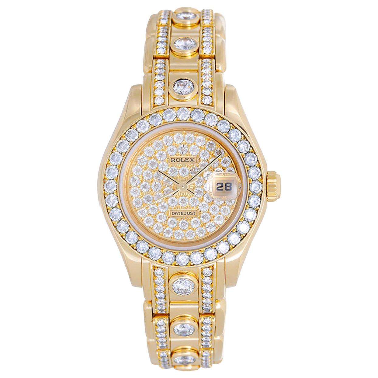 Rolex Ladies Yellow Gold Diamond Masterpiece Pearlmaster Wristwatch Ref 69298