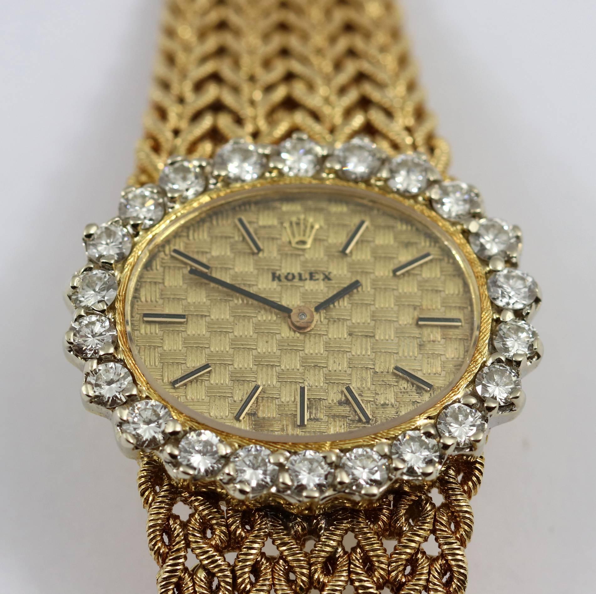 Rolex Ladies Yellow Gold Diamond Mid Century Bracelet Manual Wristwatch In Excellent Condition In Palm Beach, FL