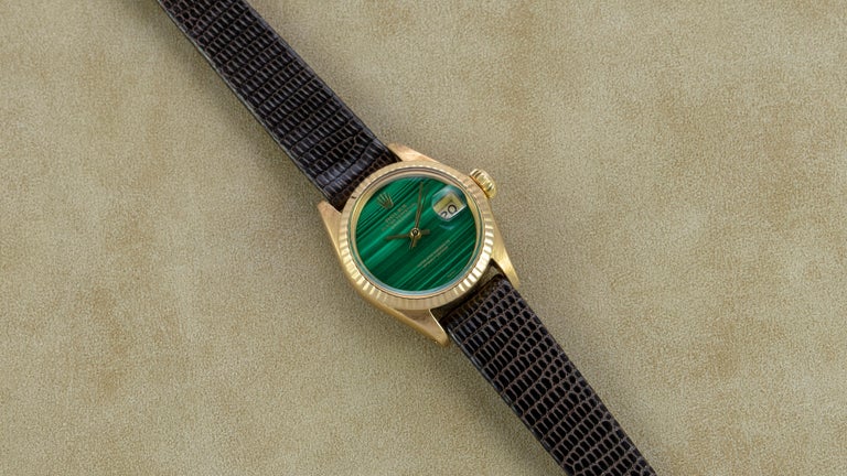 Women's Rolex Ladies Yellow Gold Malachite Dial Datejust Automatic Wristwatch, 1980s For Sale