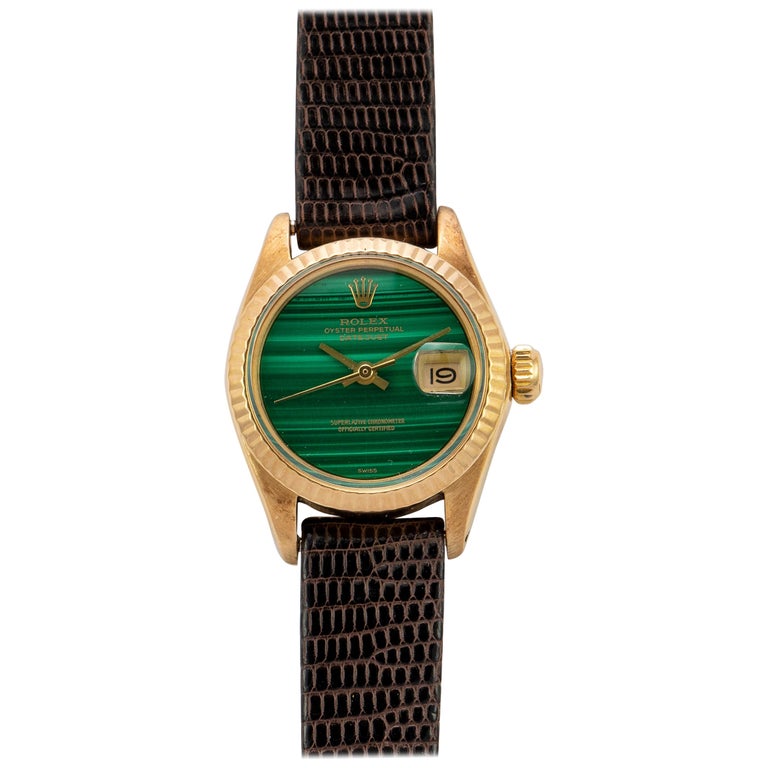 Rolex Ladies Yellow Gold Malachite Dial Datejust Automatic Wristwatch, 1980s For Sale
