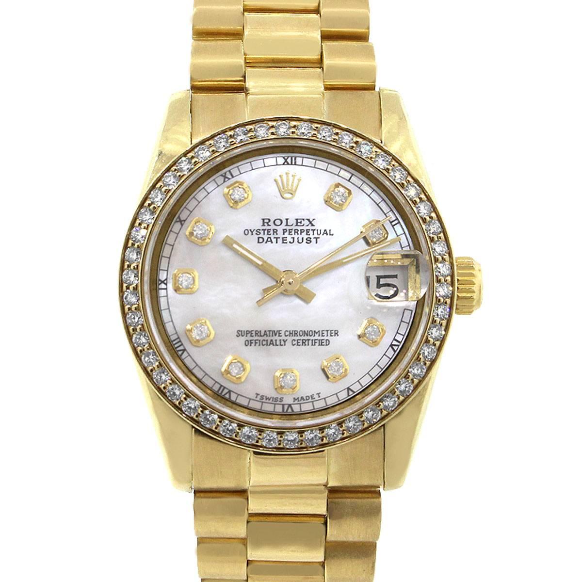 Brand: Rolex
MPN: 68278
Model: Day Date
Case Material: 18k yellow gold
Case Diameter: 31mm
Crystal: Scratch resistant sapphire
Bezel: Aftermarket 18k yellow gold Diamond Bezel
Dial: Aftermarket Mother of Pearl dial with Diamond hour markers and gold