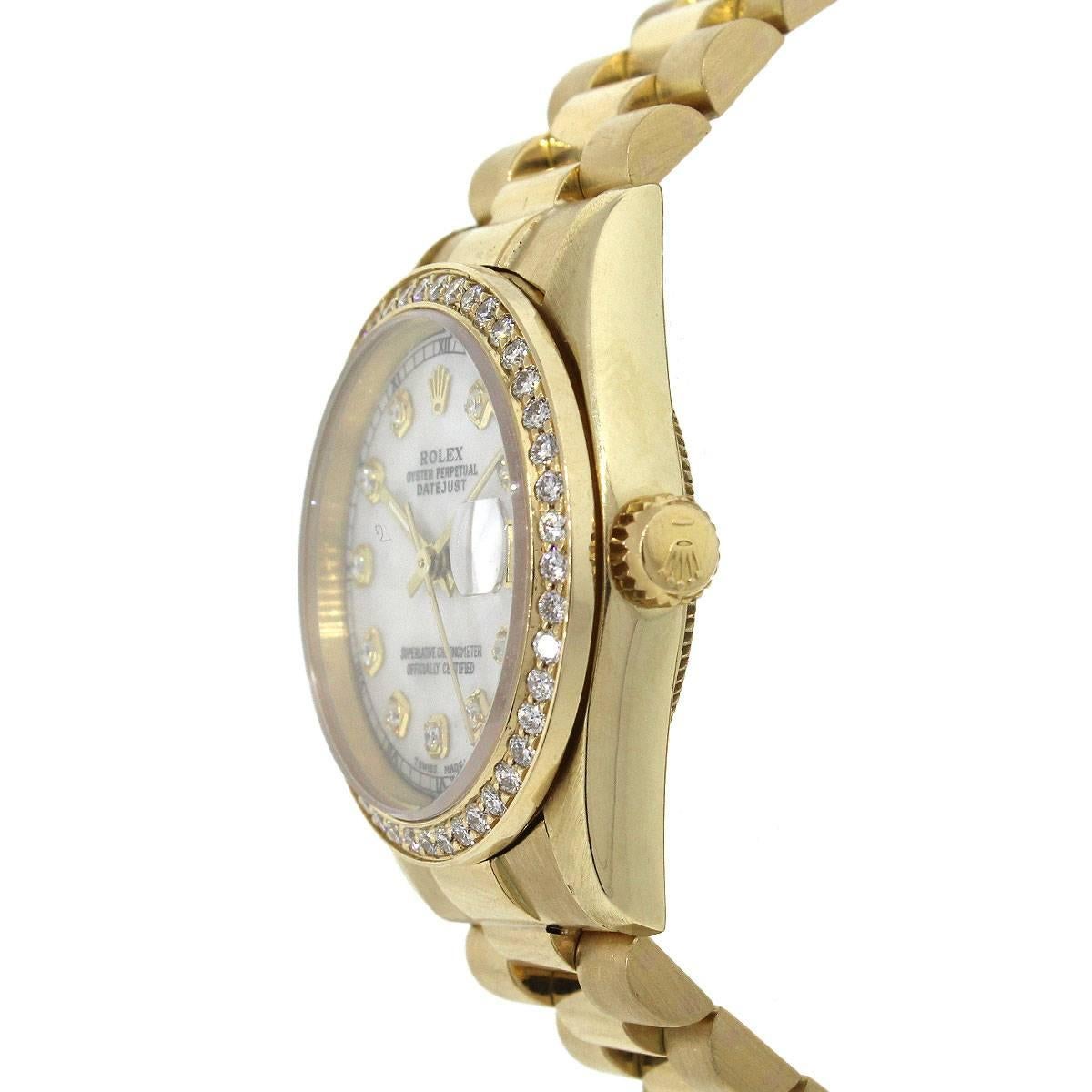 Round Cut Rolex Ladies Yellow Gold Mother of Pearl Presidential Automatic Wristwatch