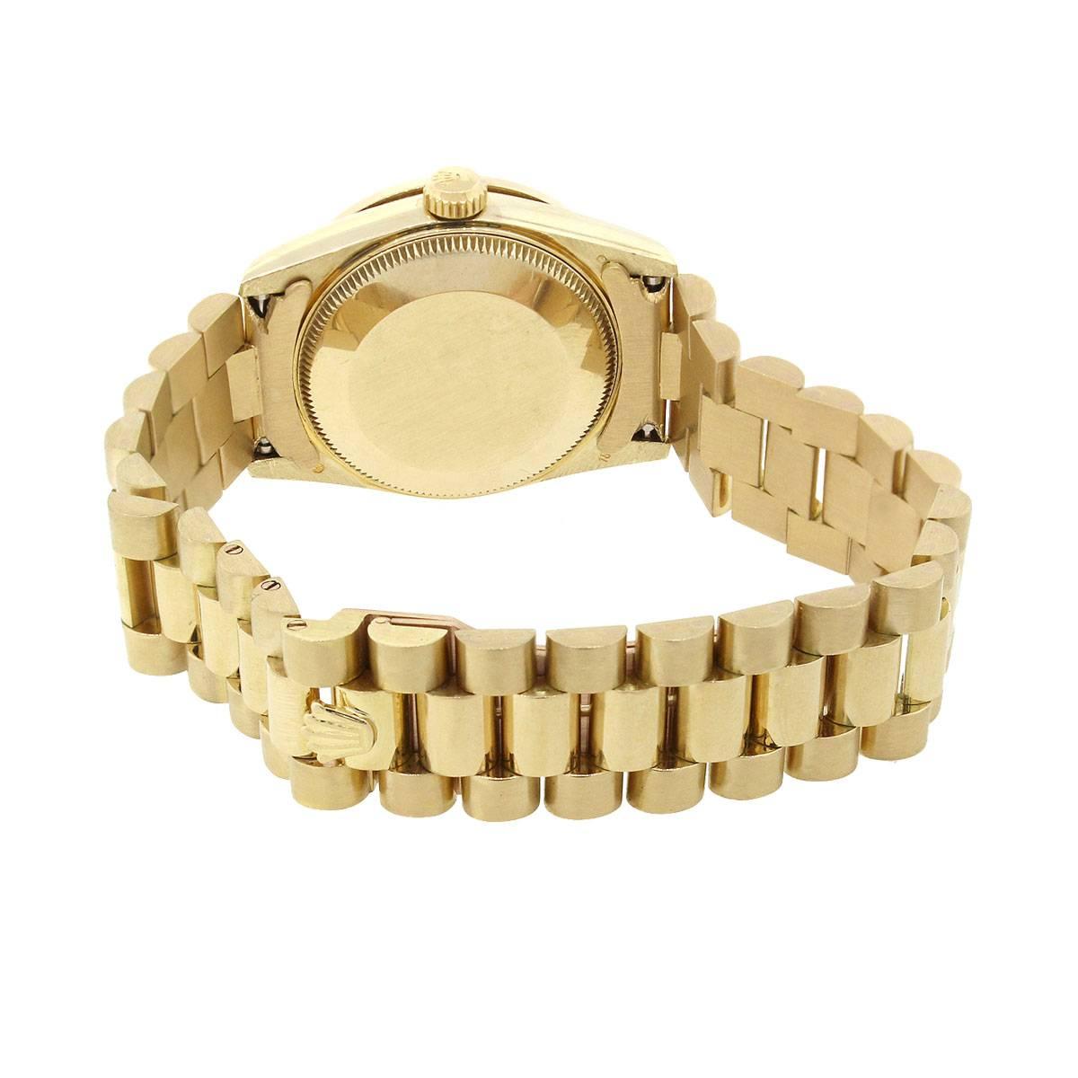 Rolex Ladies Yellow Gold Mother of Pearl Presidential Automatic Wristwatch In Excellent Condition In Boca Raton, FL