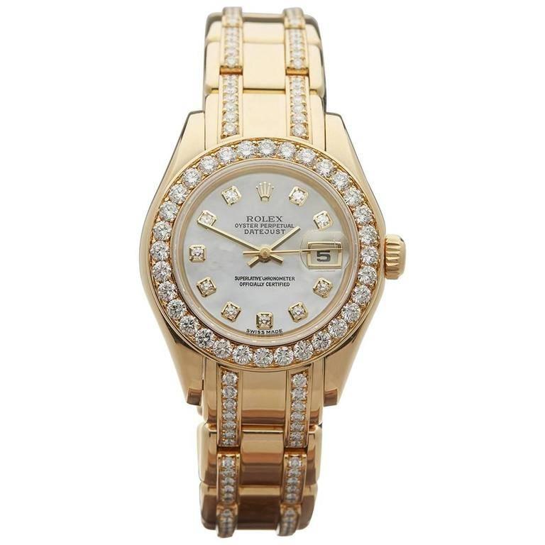 Rolex Ladies Yellow Gold Oyster Perpetual Datejust Pearlmaster Wristwatch For Sale