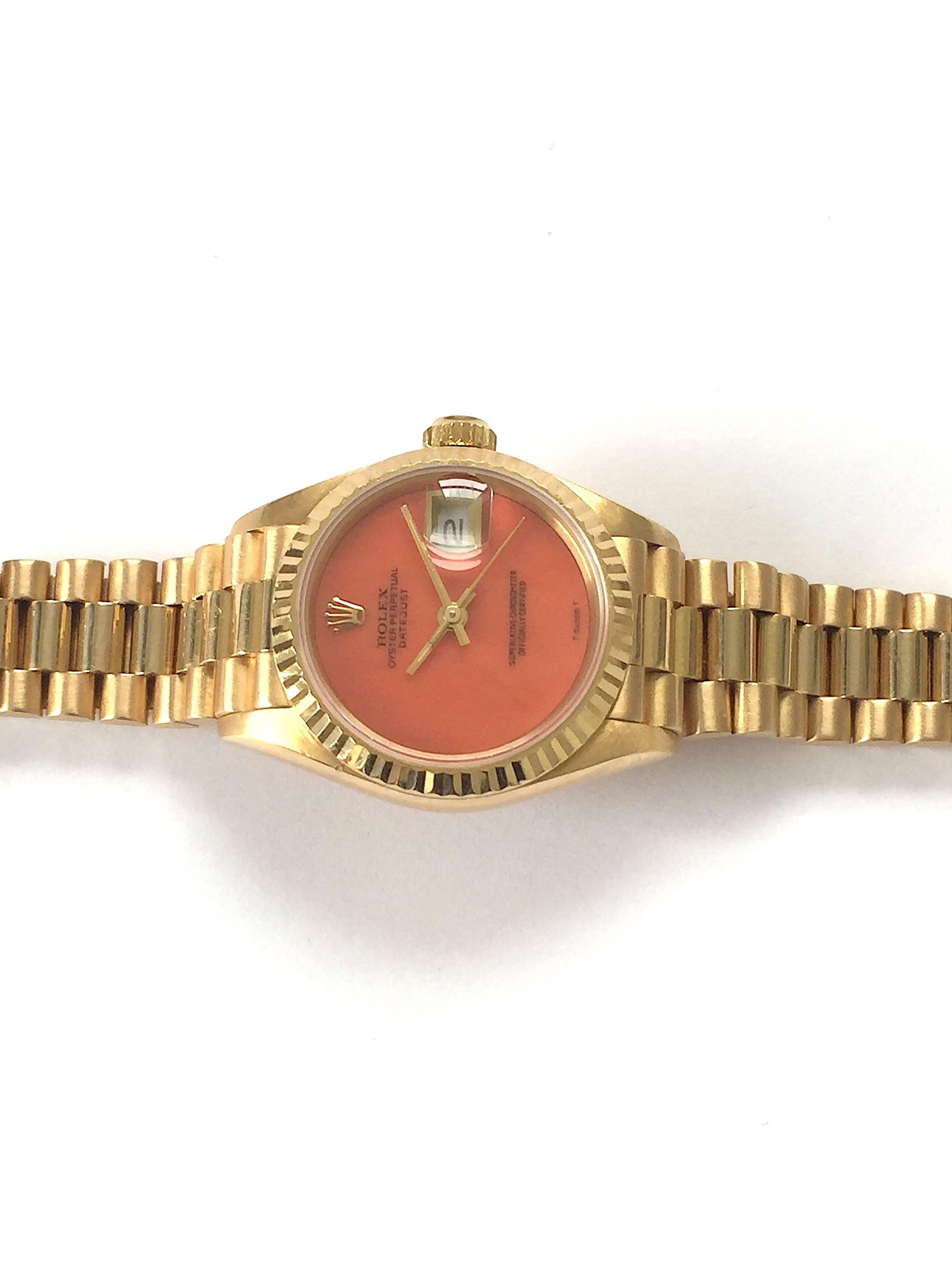 Women's Rolex Ladies Yellow Gold President Coral Dial Datejust Automatic Wristwatch For Sale
