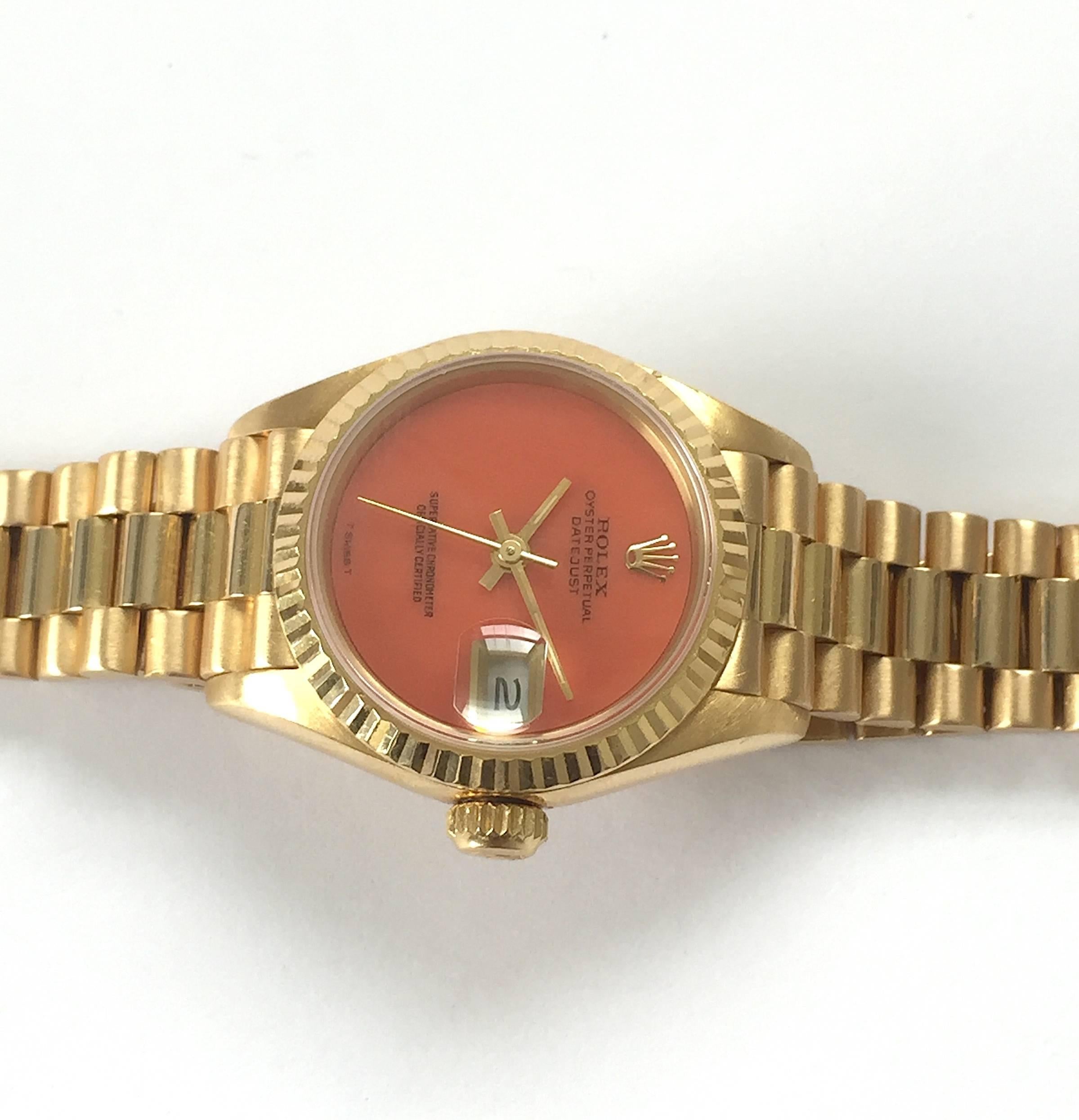Rolex Ladies Yellow Gold President Coral Dial Datejust Automatic Wristwatch For Sale 1