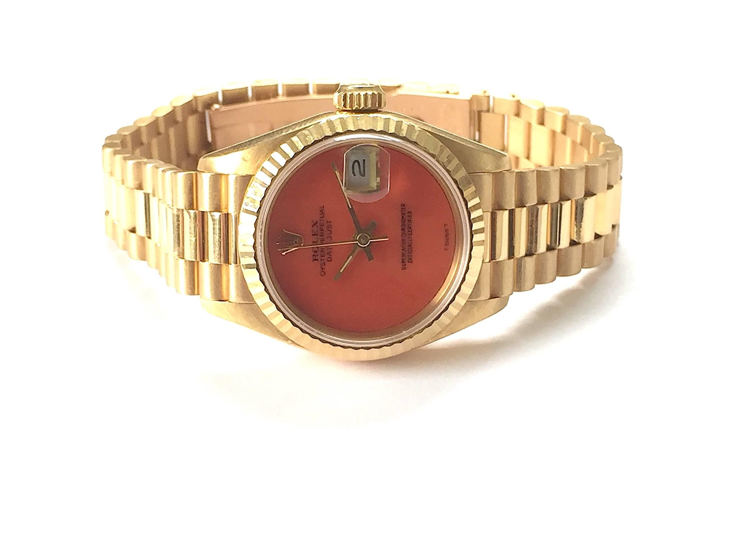 Rolex Ladies Yellow Gold President Coral Dial Datejust Automatic Wristwatch For Sale 2