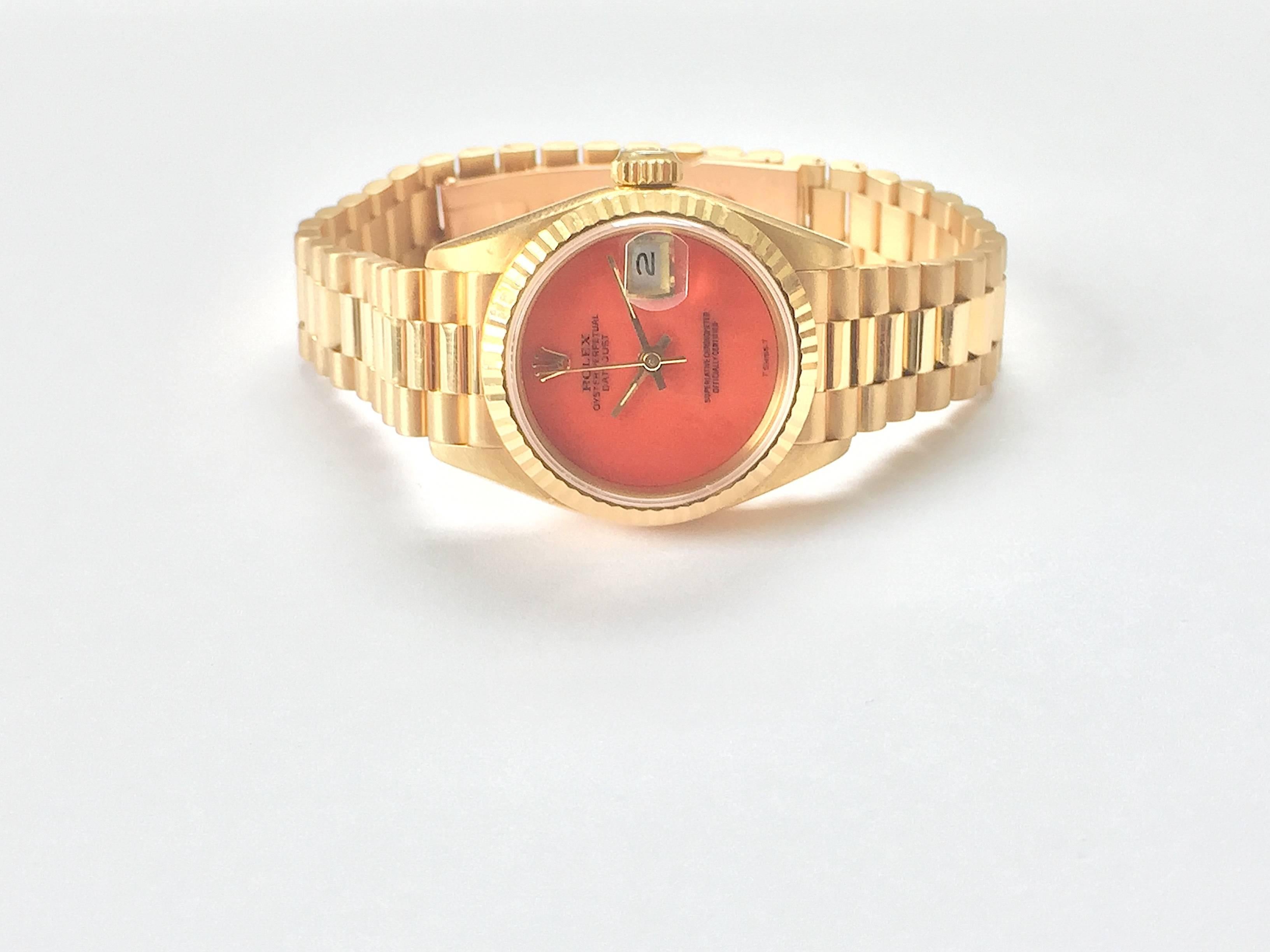 Rolex Ladies Yellow Gold President Coral Dial Datejust Automatic Wristwatch For Sale 3