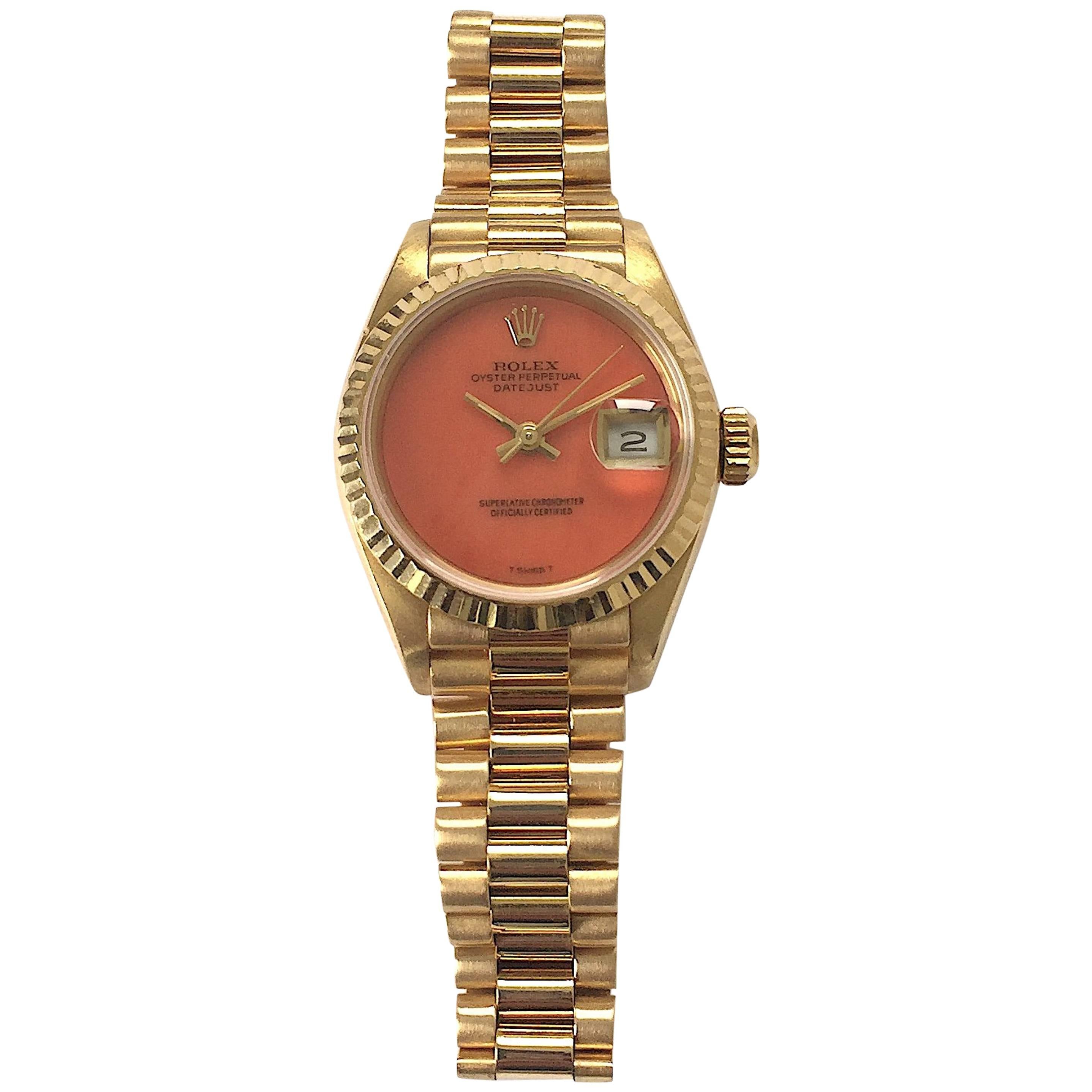 Rolex Ladies Yellow Gold President Coral Dial Datejust Automatic Wristwatch For Sale