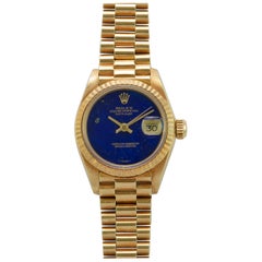 Rolex Ladies Yellow Gold President Lapis Dial Datejust Watch, Box and Papers