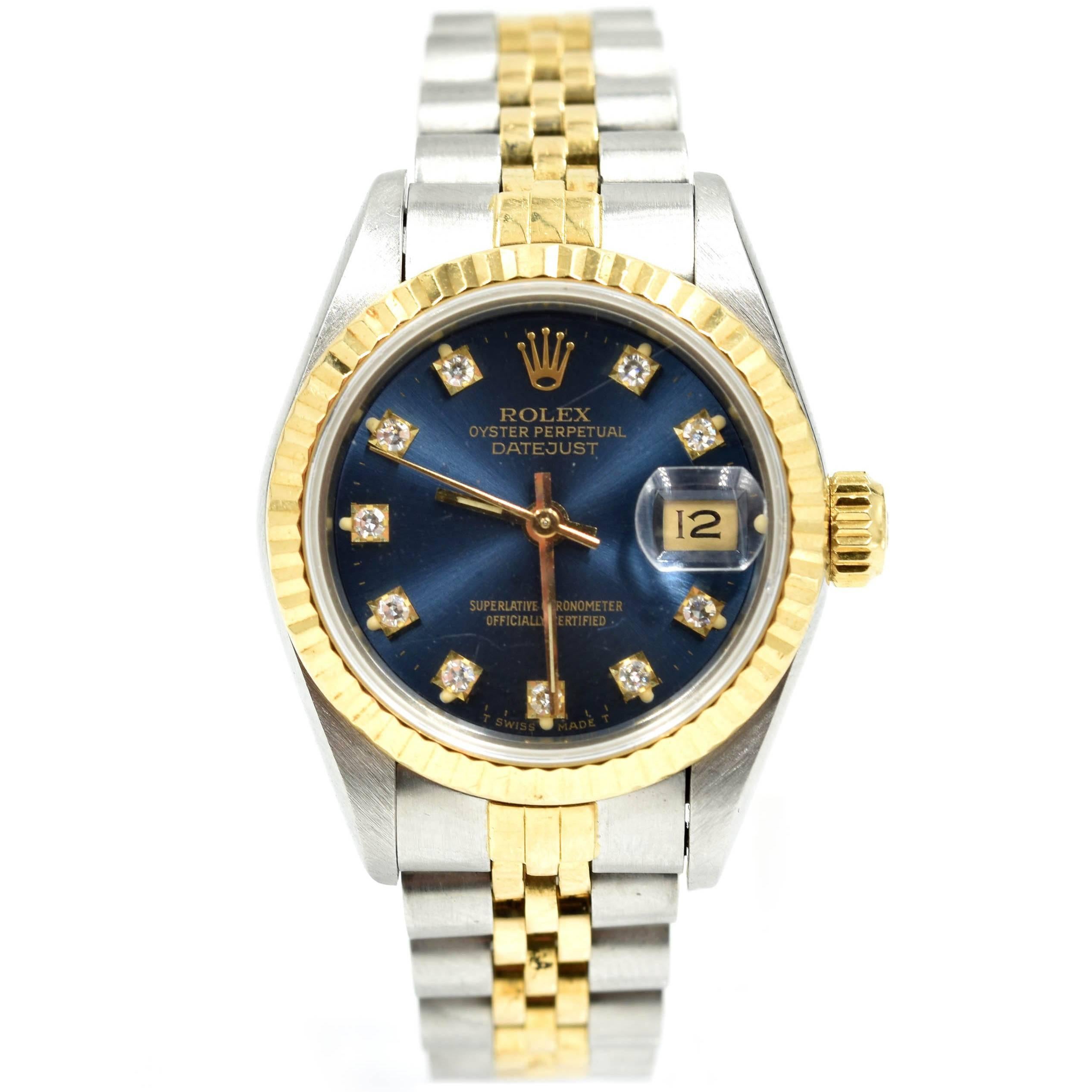 Rolex Ladies Yellow Gold Stainless Steel Datejust Blue Diamond Dial Wristwatch