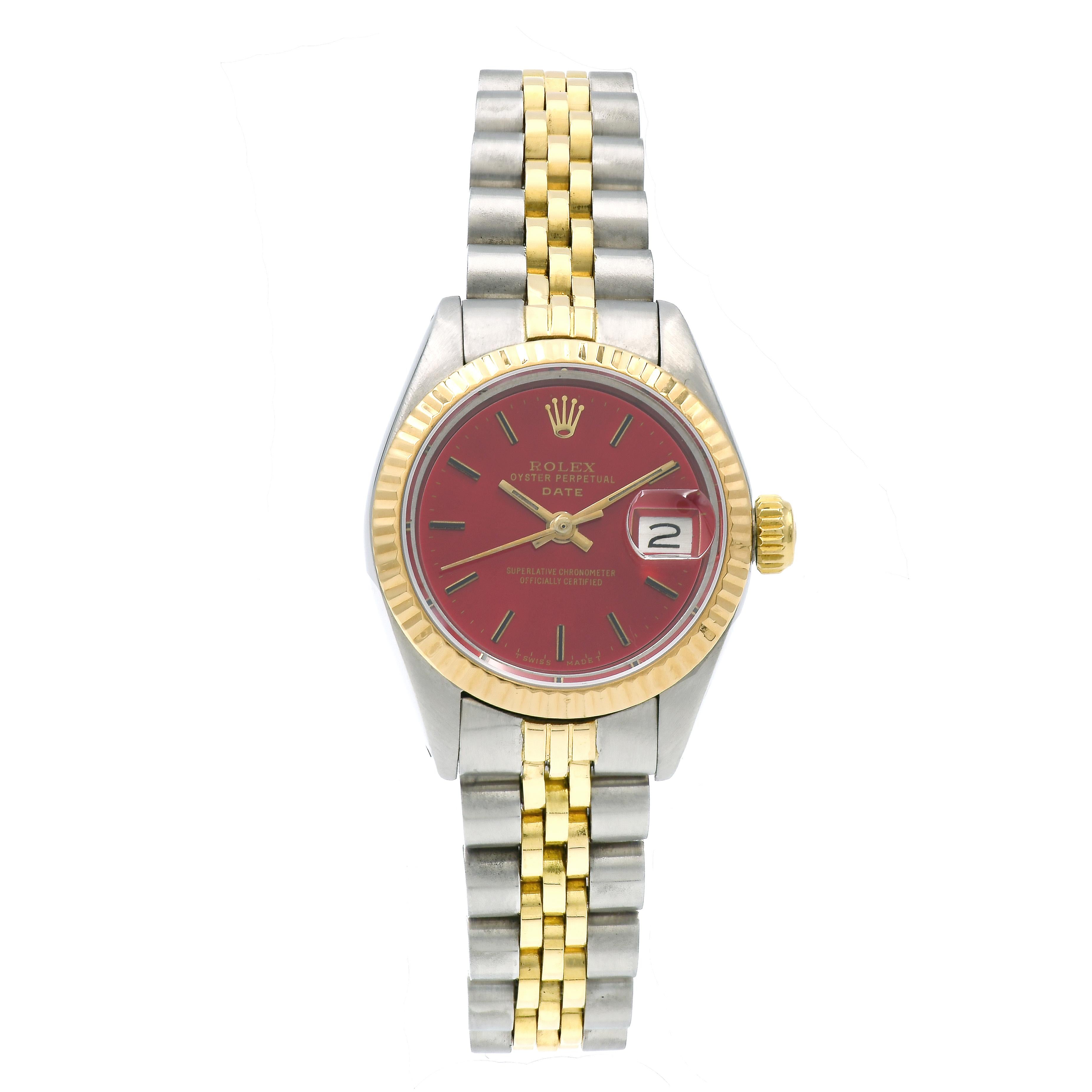 Rolex Ladies Yellow Gold Stainless Steel Red Dial Datejust Automatic Wristwatch 1