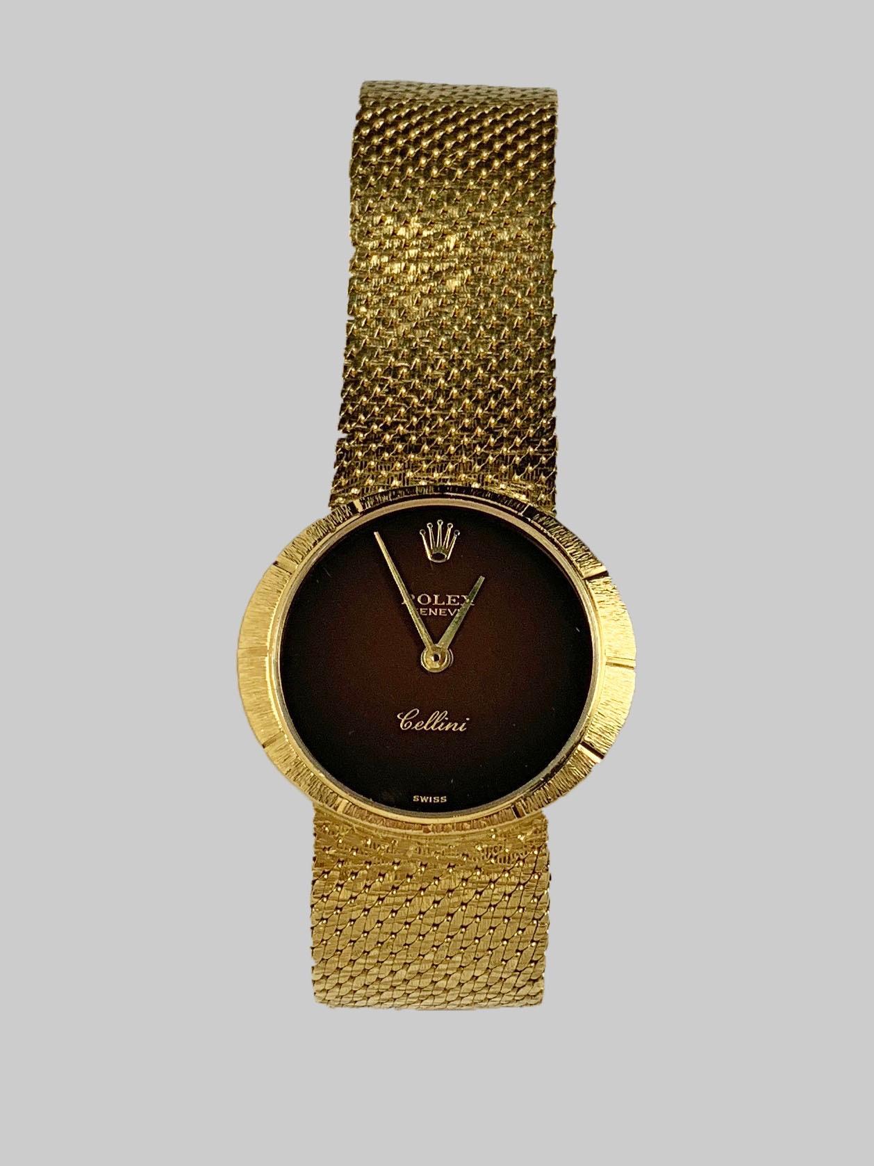 Rolex Cellini 18K Yellow Gold Manual Wind Ladies Watch
Factory Brown Stone Degrade Dial With Rolex Applied Logo
18K Yellow Gold Integrated Bracelet with Rolex Logo Clasp
Decorated 18K Yellow Gold Bezel
Screw Down Rolex Crown
Sapphire Crystal 
27mm x