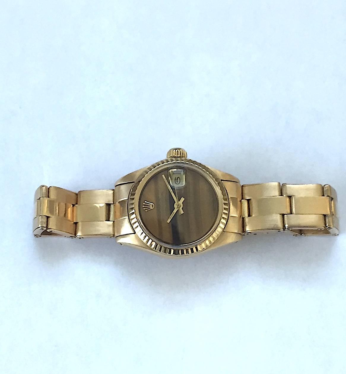 Rolex Ladies 18K Yellow Gold Tiger's Eye Datejust Automatic Wristwatch, 1970's In Excellent Condition In New York, NY