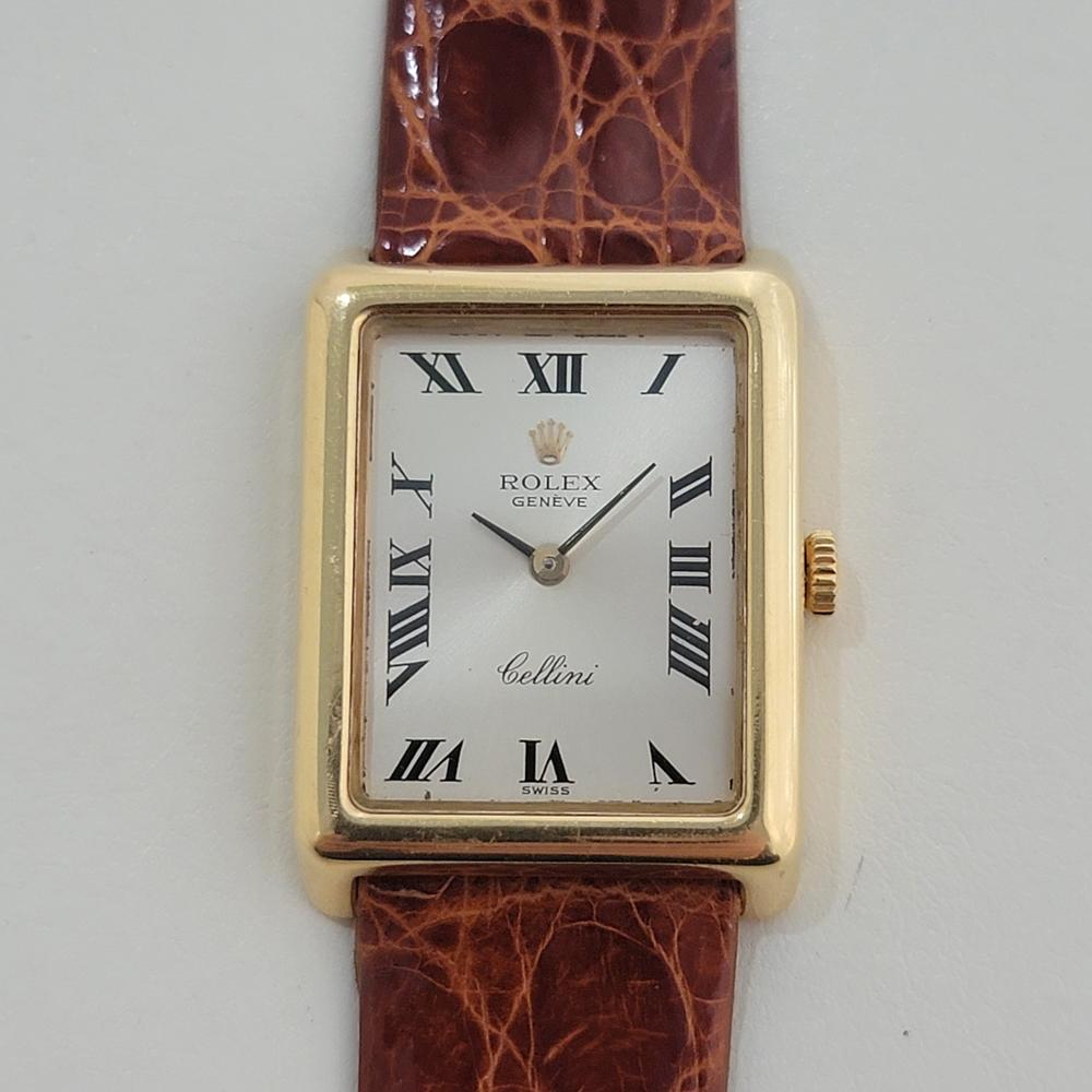 Elegant luxury, Ladies 18k solid gold Rolex Cellini 4103, c.1976, in excellent working condition. Verified authentic by a master watchmaker. Gorgeous Rolex signed dial, Geneve hallmarked, Roman numeral hour markers, Rolex tapered baton minute and
