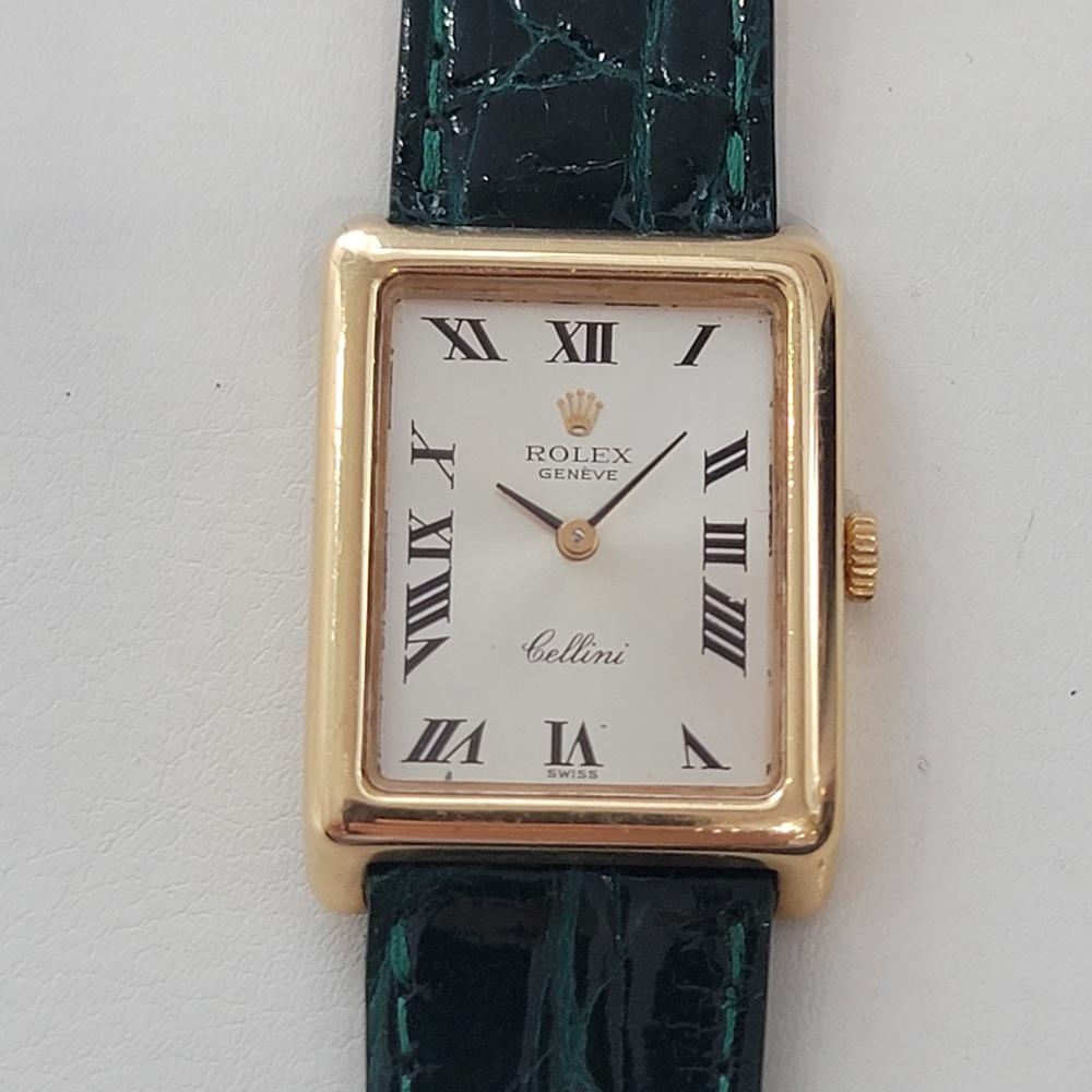 Elegant luxury, Ladies 18k solid gold Rolex Cellini 4103, c.1976, in excellent working condition. Verified authentic by a master watchmaker. Gorgeous Rolex signed dial, Geneve hallmarked, Roman numeral hour markers, Rolex tapered baton minute and