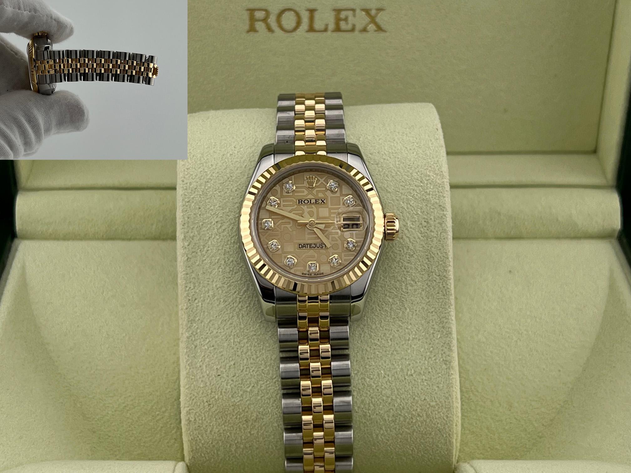 Número de estilo: 179173

De serie: Z18****

Año: 2006-2007
 
Model No: Rolex Datejust Señora
 
Material de la caja: Acero inoxidable 
 
Pulsera: Jubileo de oro amarillo de 18 quilates y acero inoxidable
  
Bisel: Acanalado de oro amarillo de 18