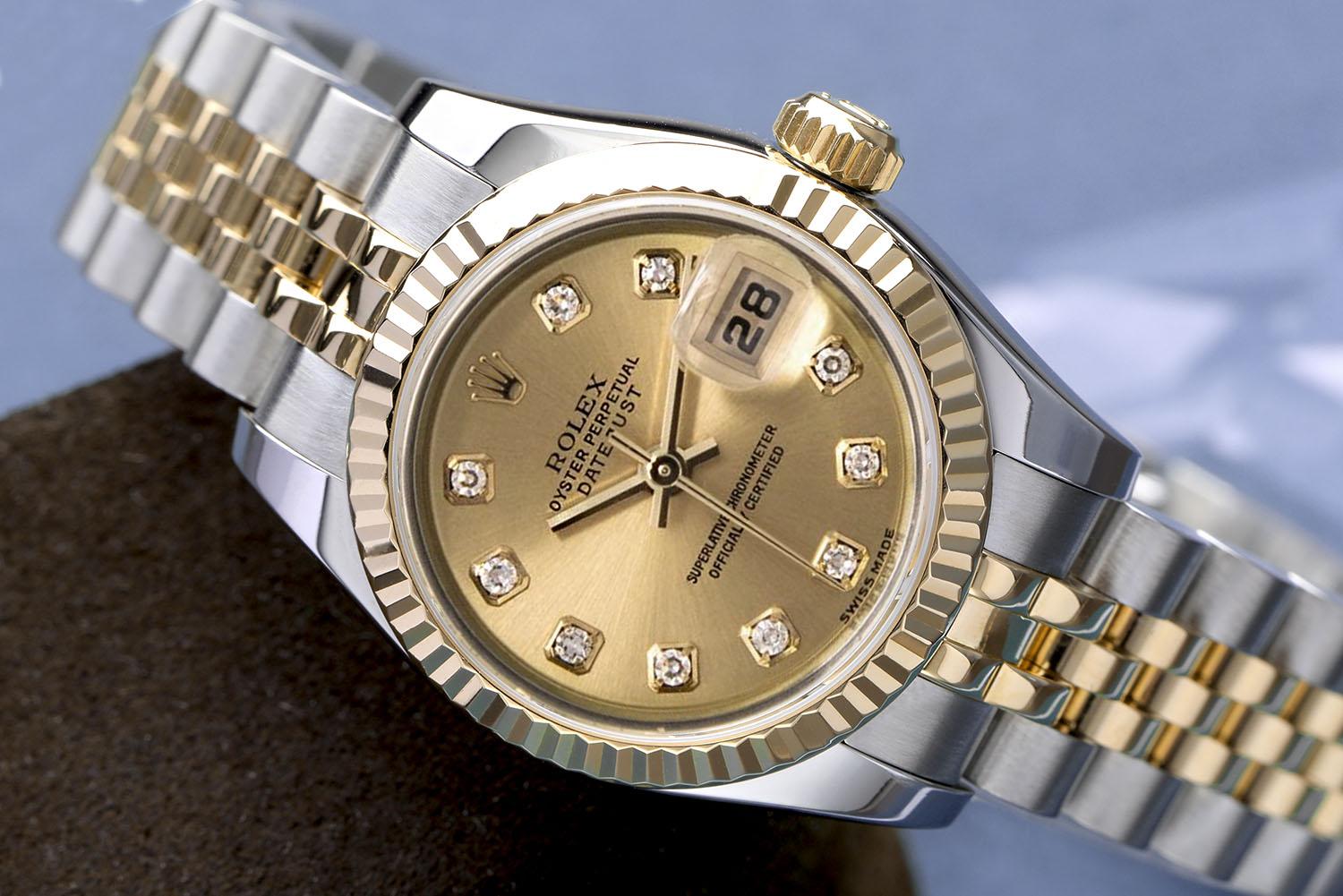 Rolex Lady-Datejust 179173 Steel/Yellow Gold Watch Champagne Diamond Dial In Excellent Condition For Sale In New York, NY