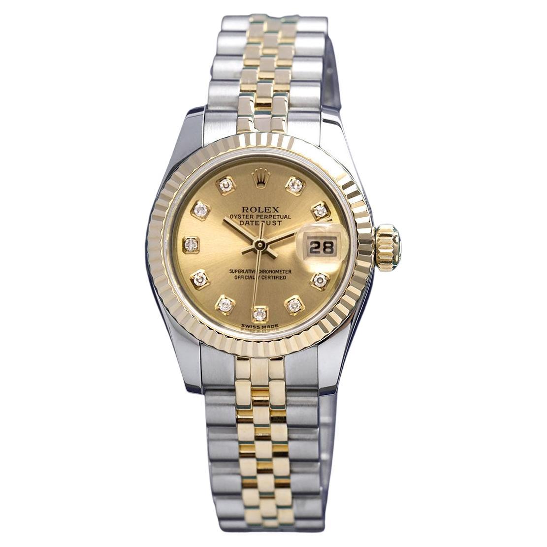 Rolex Lady-Datejust 179173 Steel/Yellow Gold Watch Champagne Diamond Dial For Sale