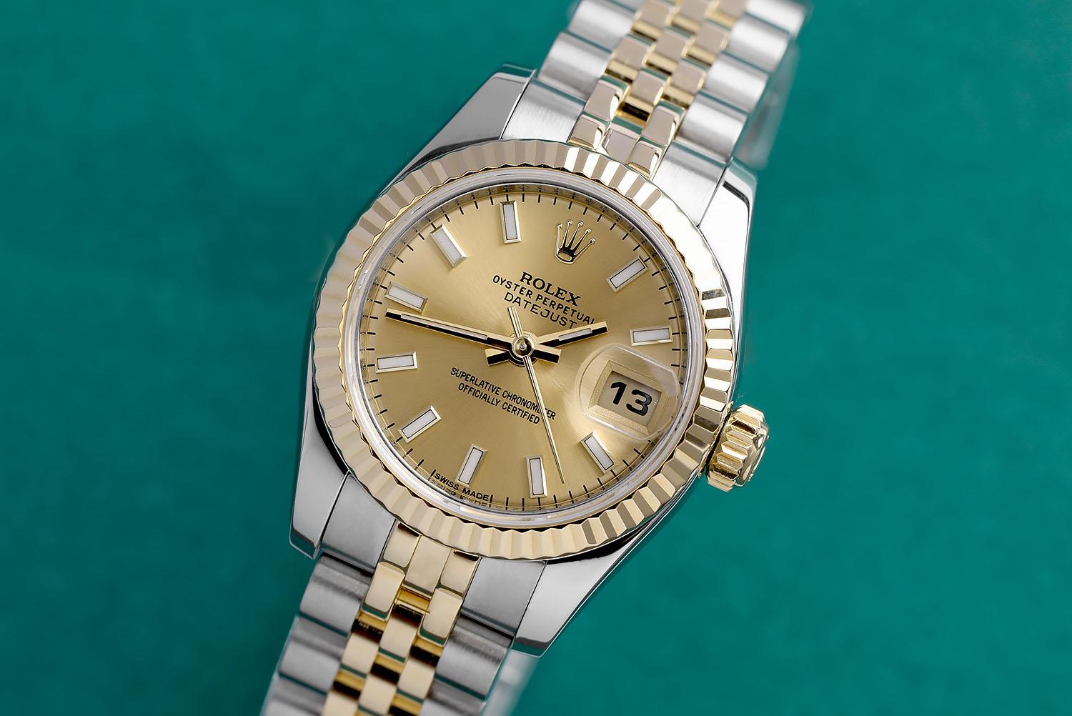 Rolex Lady-Datejust 179173 Reloj de acero y oro amarillo Esfera índice champán en Excelente estado para la venta en New York, NY