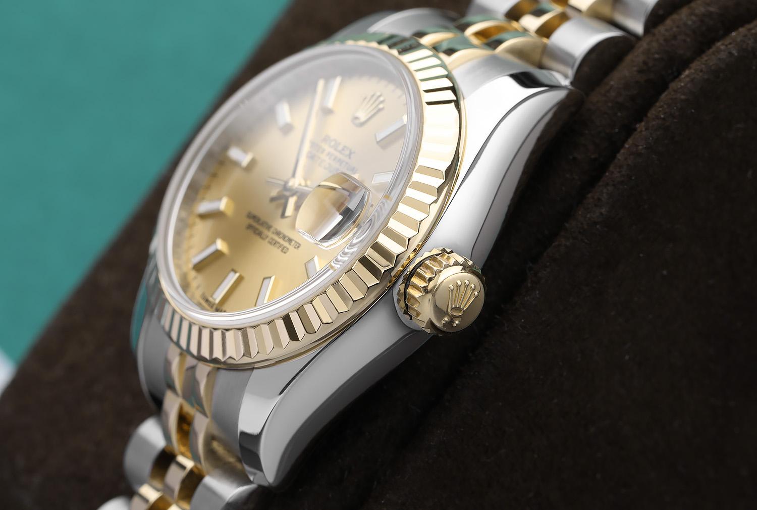 Rolex Lady-Datejust 179173 Steel & Yellow Gold Watch Champagne Index Dial In Excellent Condition For Sale In New York, NY