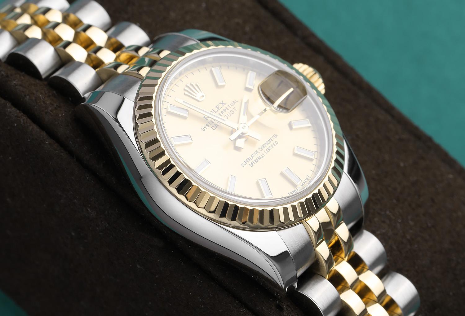 Rolex Lady-Datejust 179173 Reloj de acero y oro amarillo Esfera índice champán en venta 3