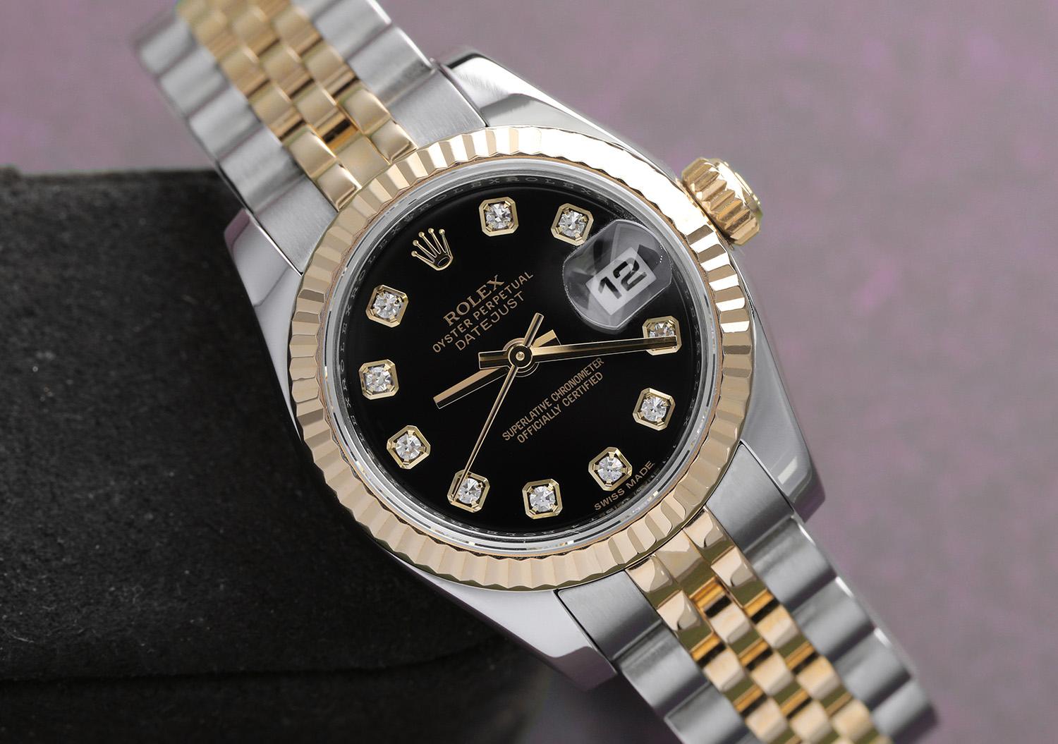 Rolex Lady-Datejust 179173 Steel & Yellow Gold Watch Factory Black Diamond In Excellent Condition For Sale In New York, NY