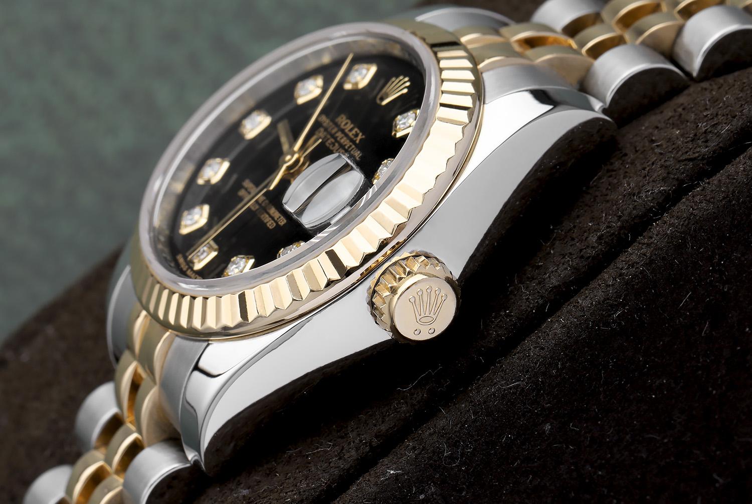 Women's Rolex Lady-Datejust 179173 Steel & Yellow Gold Watch Factory Black Diamond For Sale