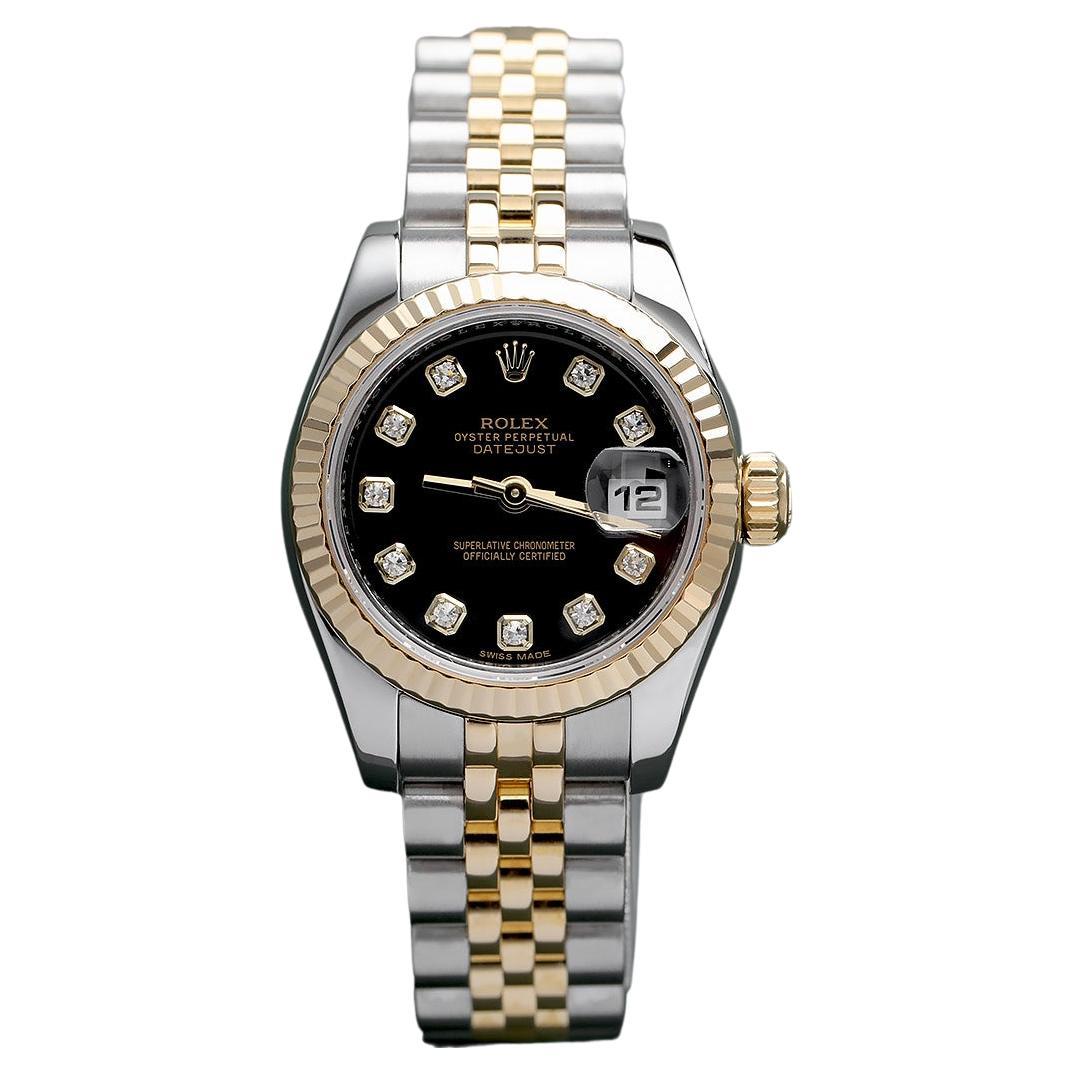 Rolex Lady-Datejust 179173 Steel & Yellow Gold Watch Factory Black Diamond For Sale