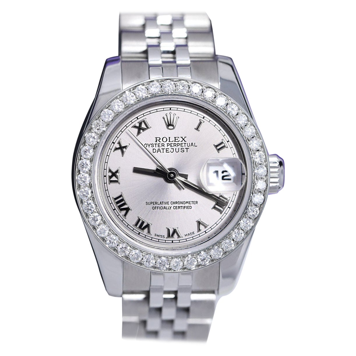 Rolex Lady-Datejust 179174 Orologio con quadrante romano in acciaio e argento e lunetta con diamanti