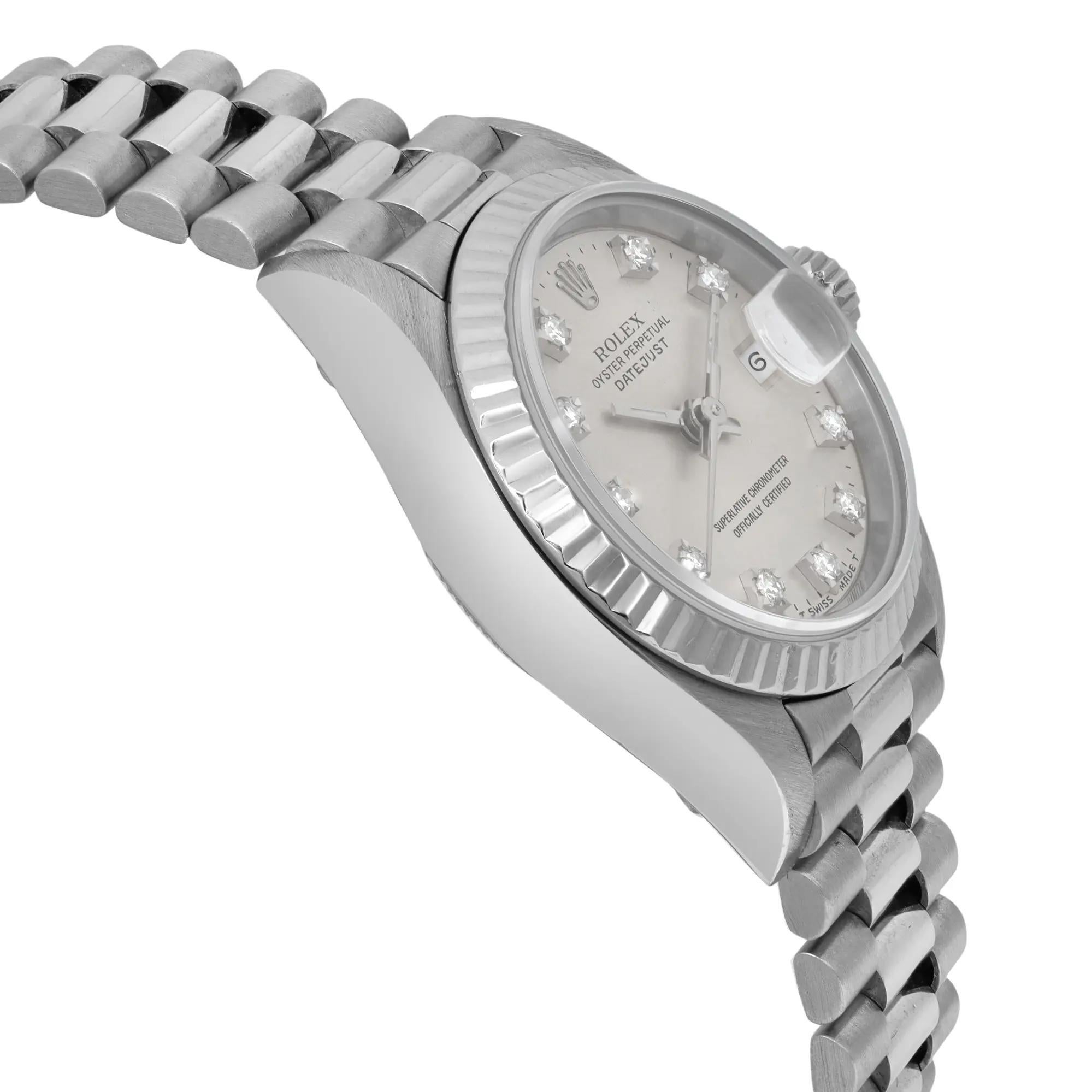 Donna Rolex Lady-Datejust 18K White Gold Silver Diamond Dial Ladies Watch 69179 in vendita