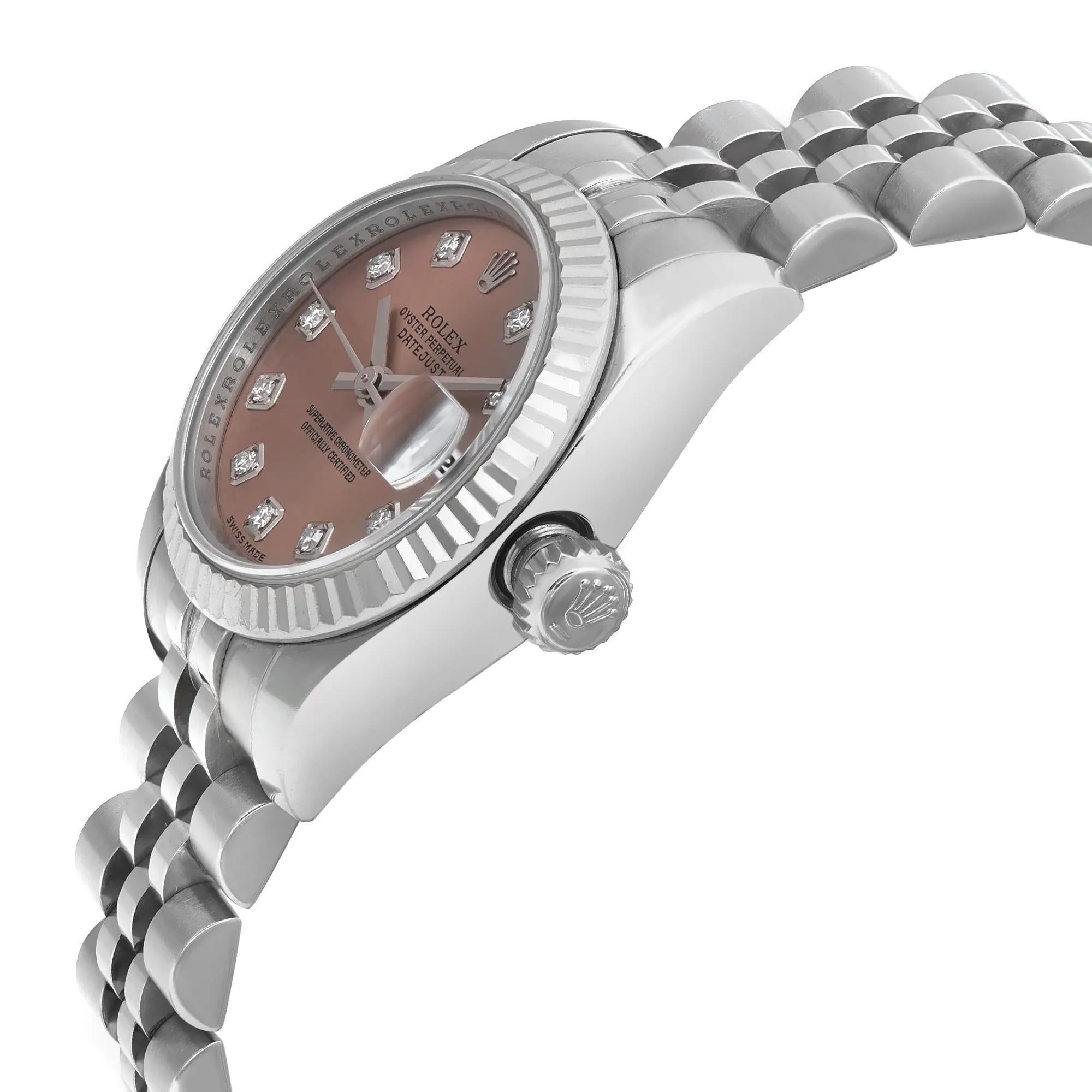 Rolex Lady-Datejust 18K White Gold Steel Pink Diamond Dial Ladies Watch 179174 In Excellent Condition In New York, NY