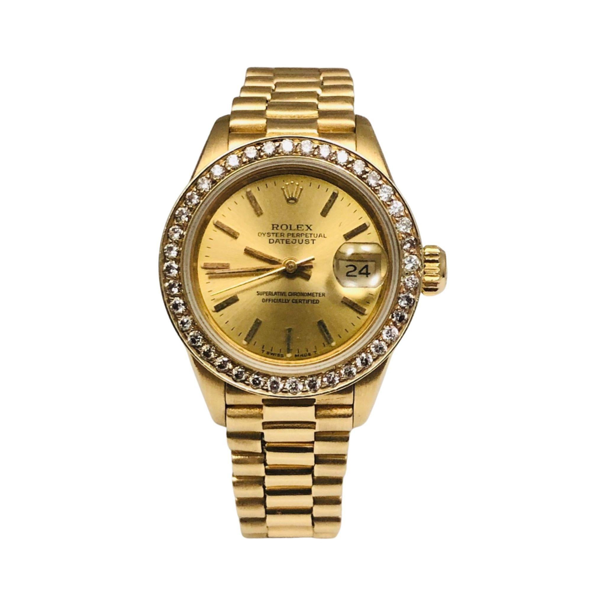 ITEM SPECIFICATION:

Brand: Rolex

Model Name: Datejust

Model Number: 6917

Movement: Automatic

Case Size: 26 mm

Case Back: Closed

Case Material: 18k Yellow Gold

Bezel: Fluted

Dial: Gold

Bracelet: 18k Yellow Gold; President Bracelet

Hour