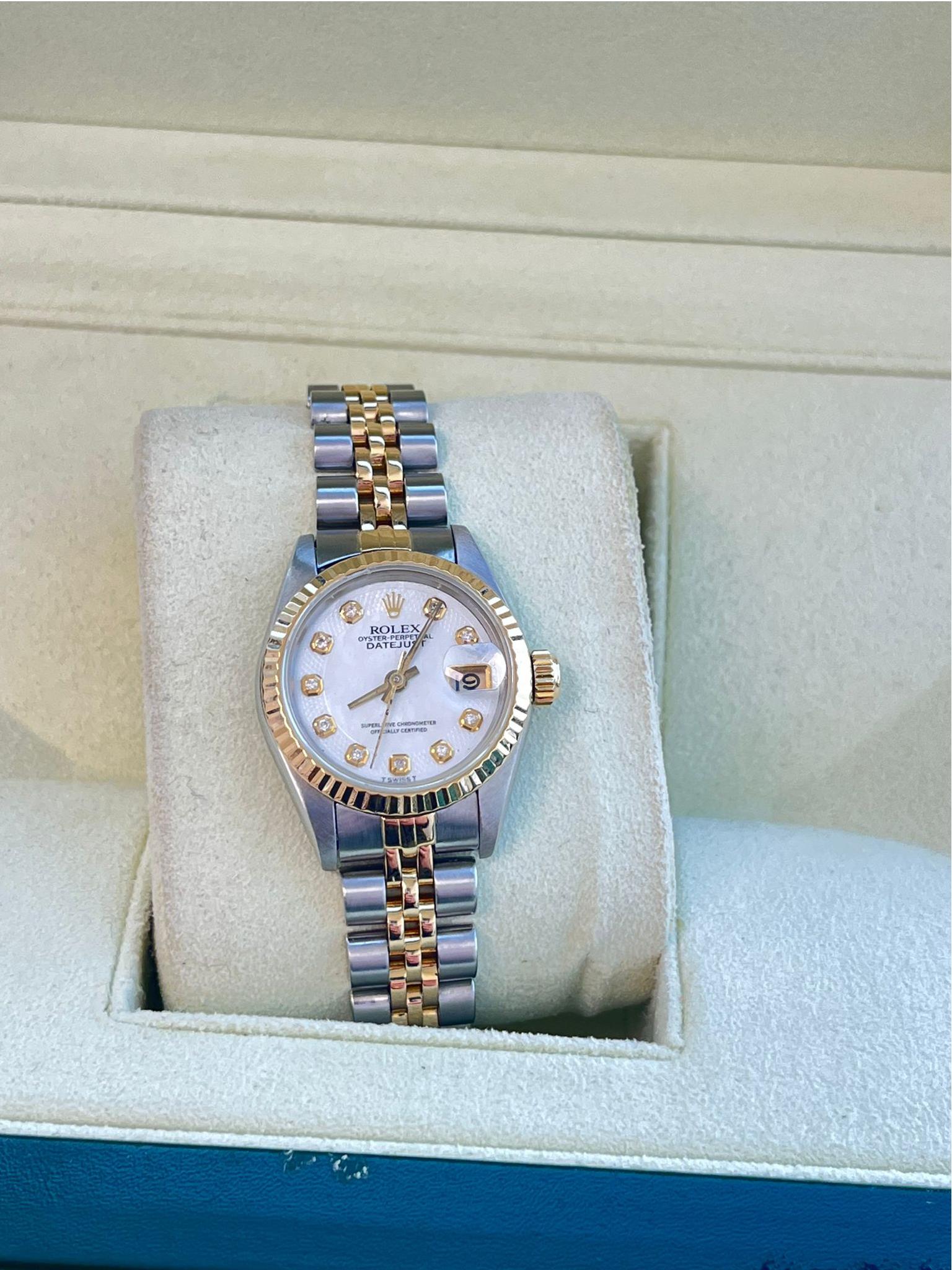 Rolex Lady-Datejust 18K Yellow Gold & Steel White Diamond Dial Watch 69173 For Sale 4