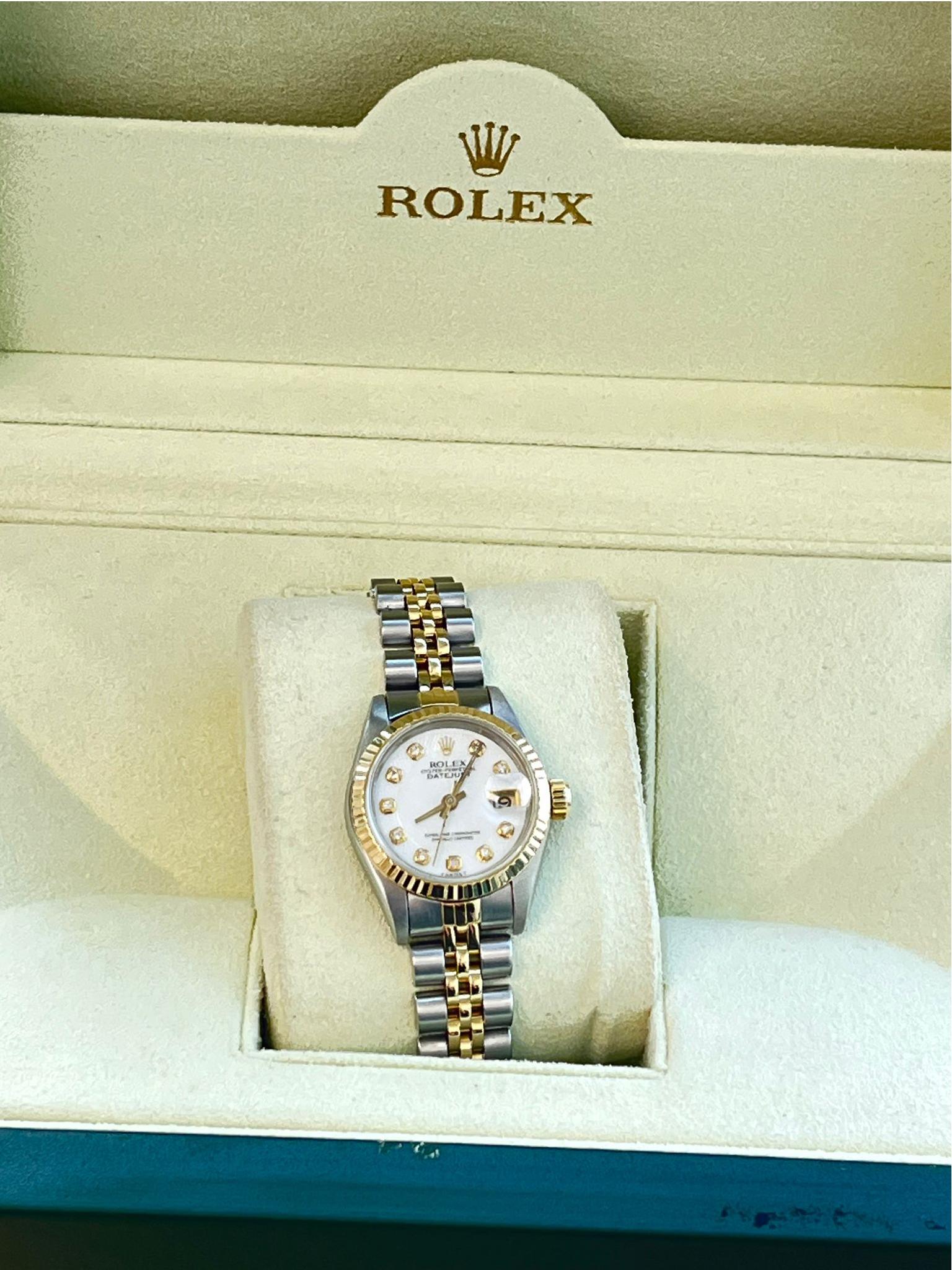 Modernist Rolex Lady-Datejust 18K Yellow Gold & Steel White Diamond Dial Watch 69173 For Sale