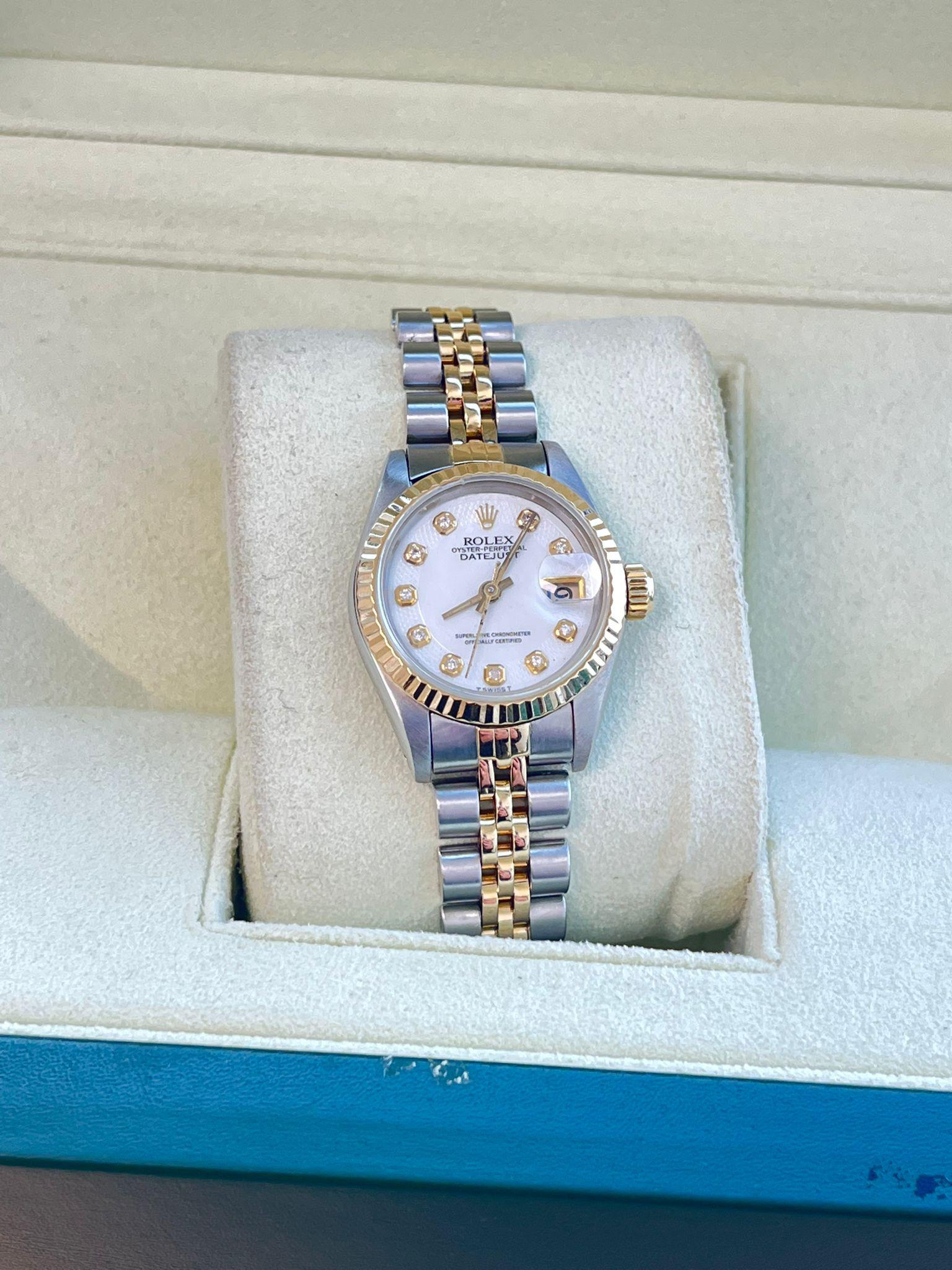 Round Cut Rolex Lady-Datejust 18K Yellow Gold & Steel White Diamond Dial Watch 69173 For Sale
