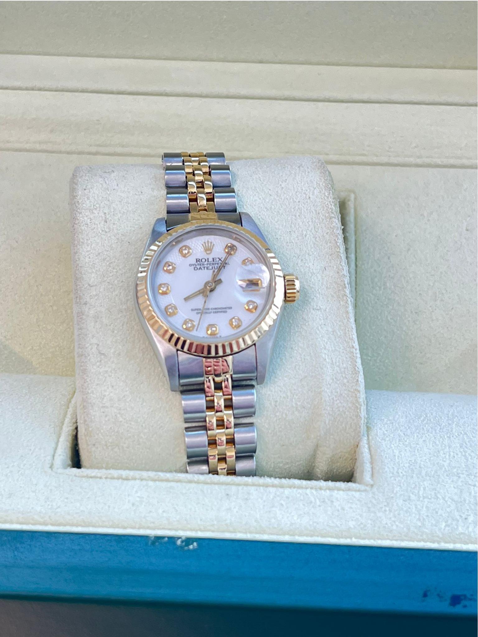 Women's Rolex Lady-Datejust 18K Yellow Gold & Steel White Diamond Dial Watch 69173 For Sale