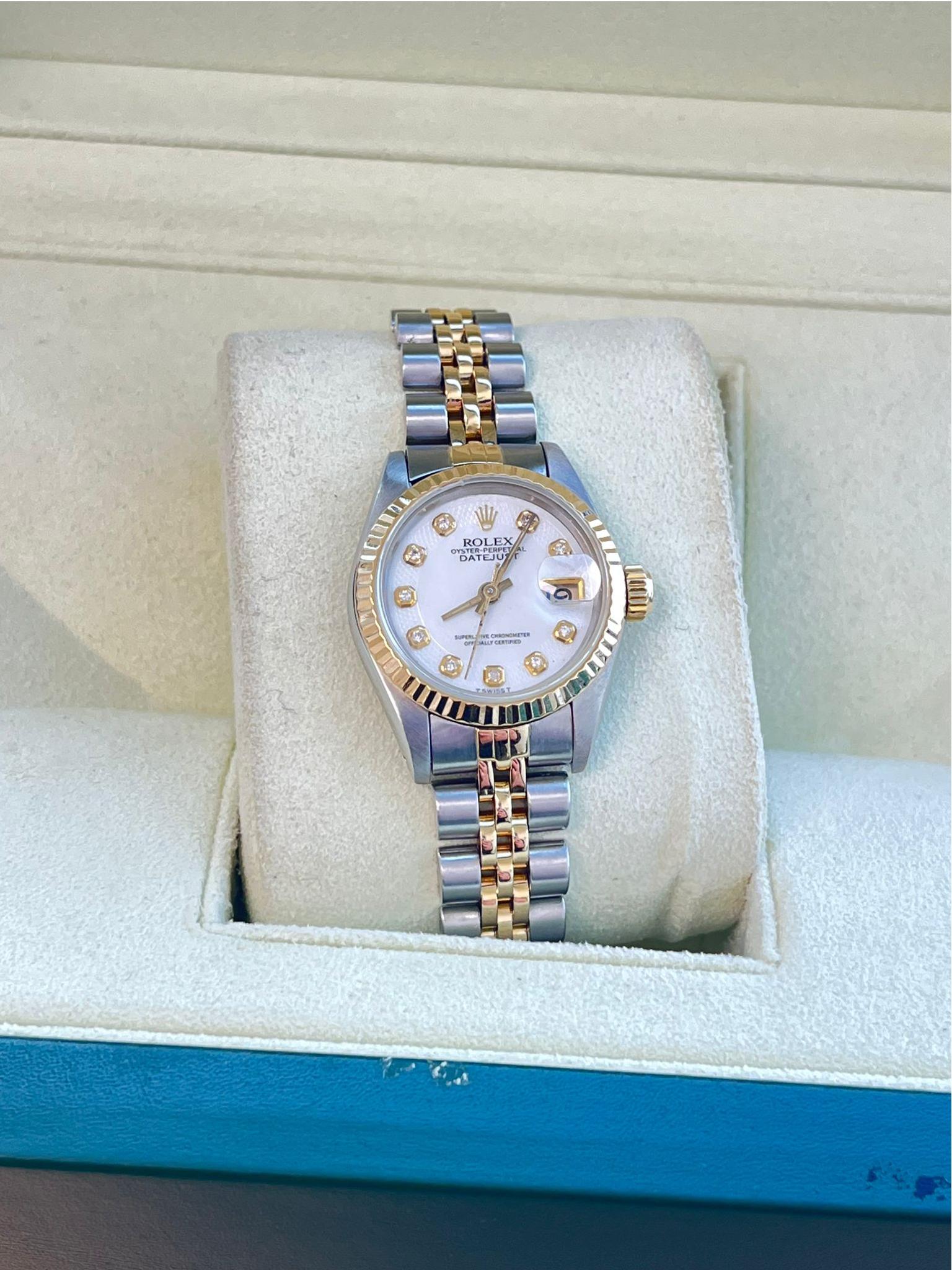 Rolex Lady-Datejust 18K Yellow Gold & Steel White Diamond Dial Watch 69173 For Sale 2