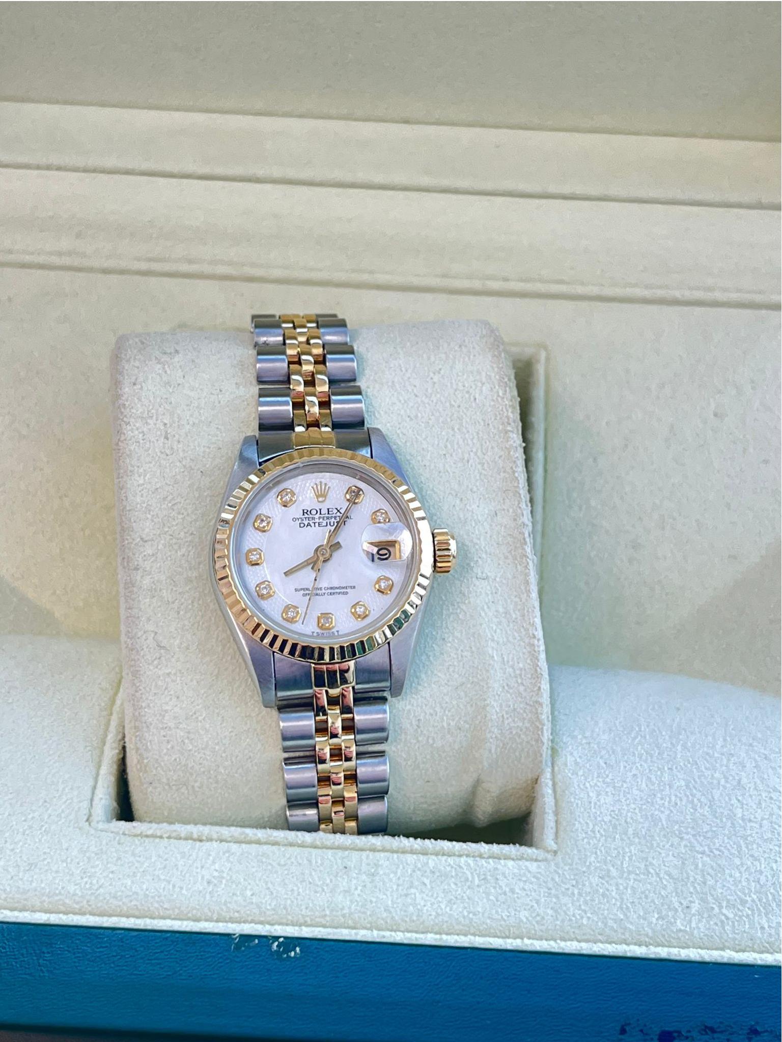Rolex Lady-Datejust 18K Yellow Gold & Steel White Diamond Dial Watch 69173 For Sale 3
