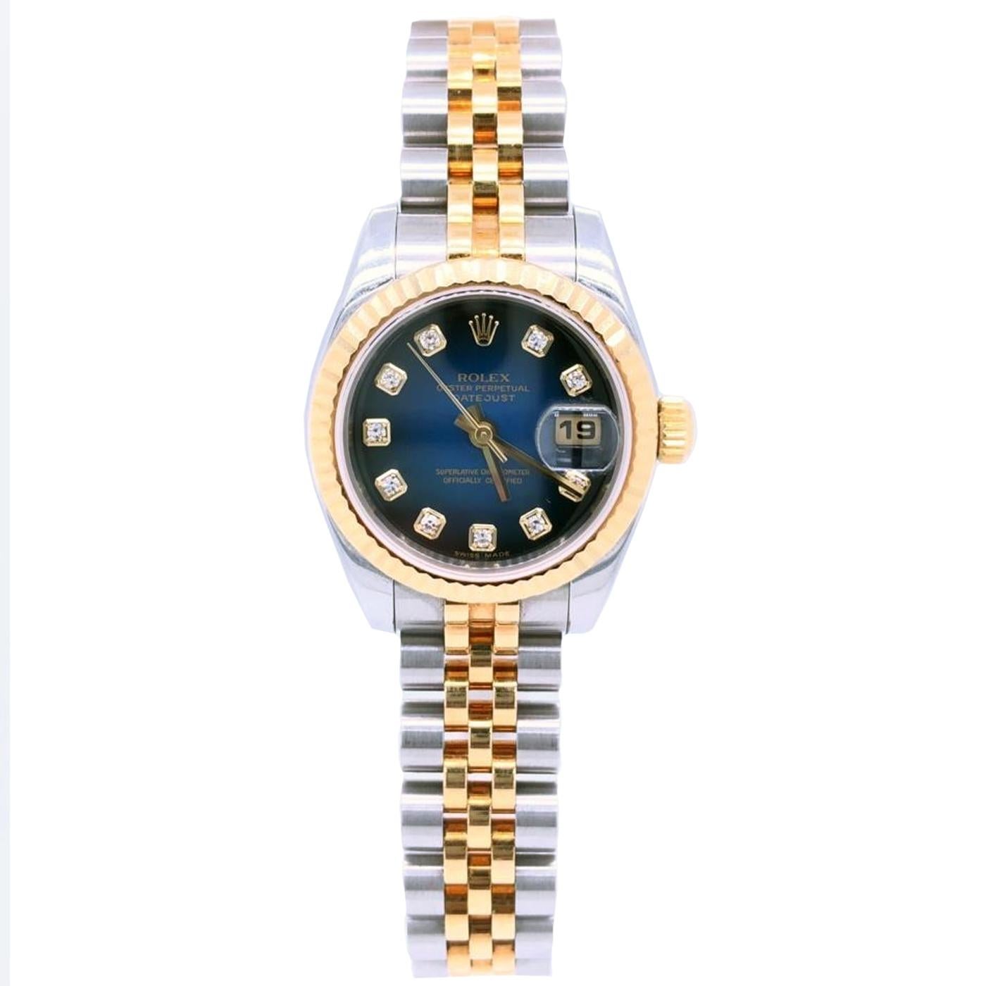 Moderniste Rolex Montre Lady-Datejust 26 179173 Jubilee cannelée en or jaune 18 carats et diamants bleus en vente