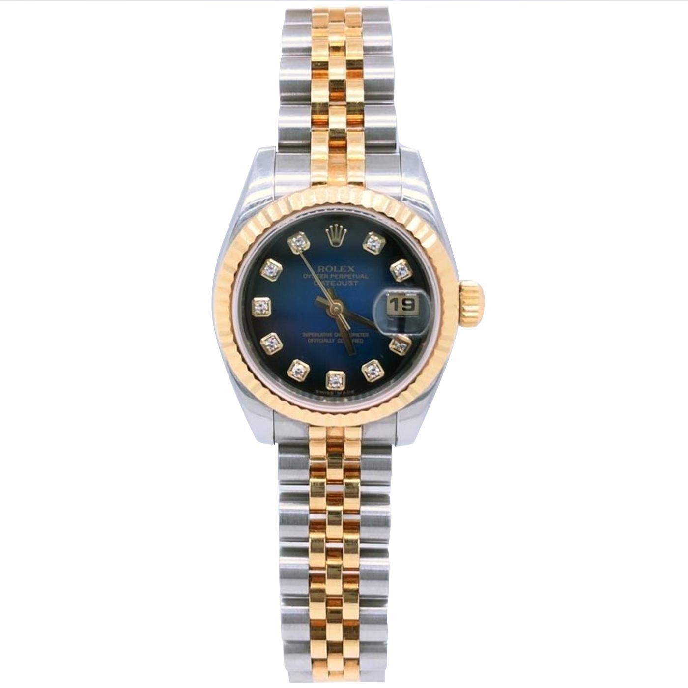 Taille ronde Rolex Montre Lady-Datejust 26 179173 Jubilee cannelée en or jaune 18 carats et diamants bleus en vente