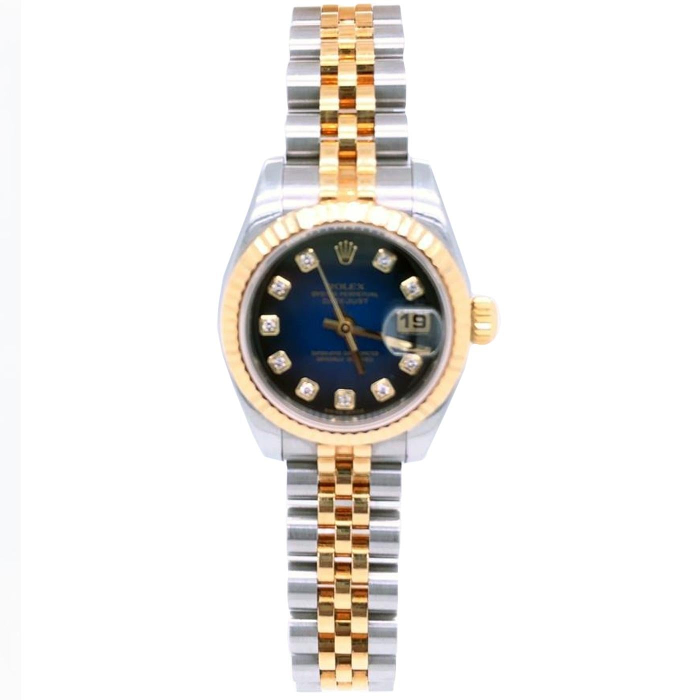 Rolex Montre Lady-Datejust 26 179173 Jubilee cannelée en or jaune 18 carats et diamants bleus Excellent état - En vente à Aventura, FL