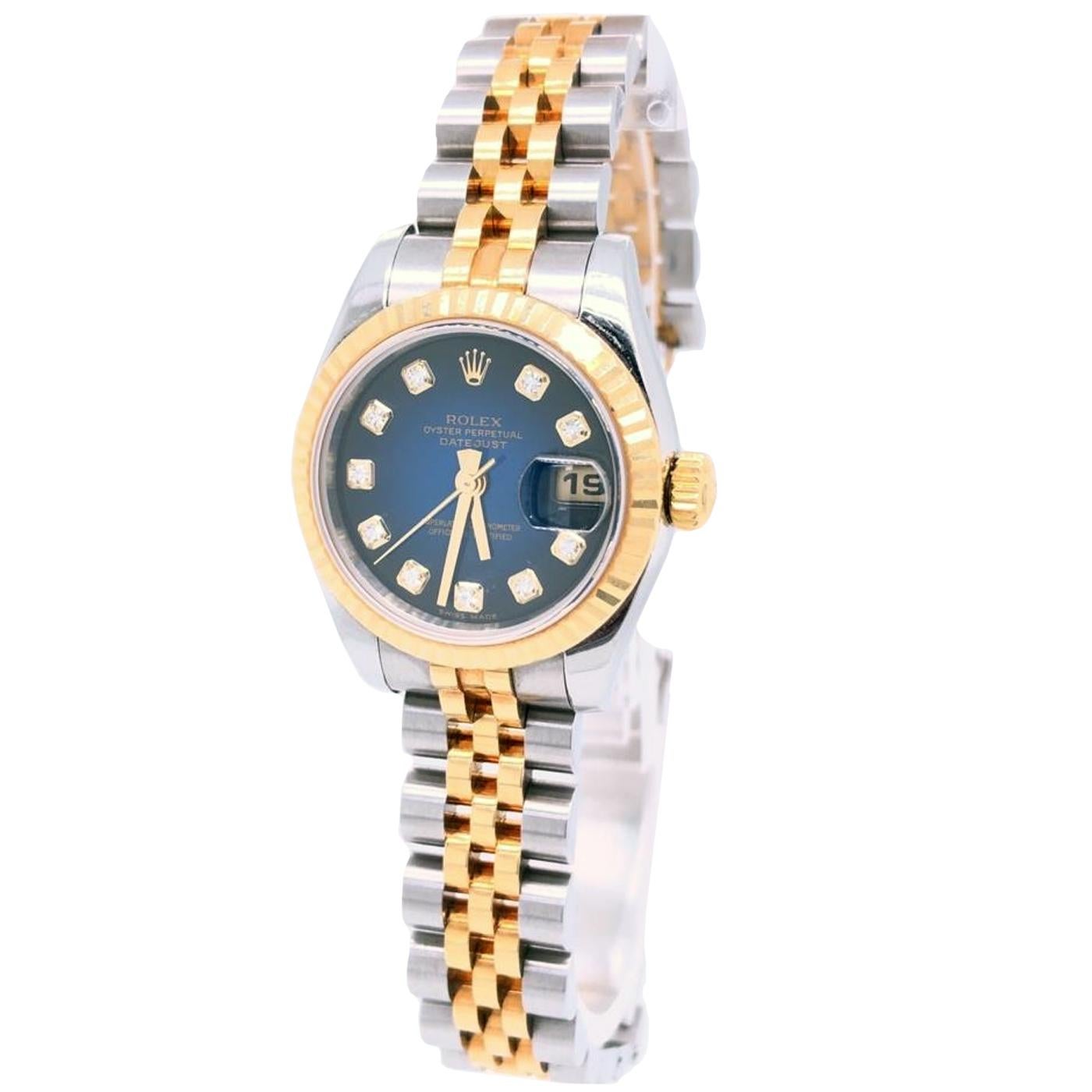 Modernist Rolex Lady-Datejust 26 179173 Blue Diamond Fluted 18K Yellow Gold Jubilee Watch For Sale