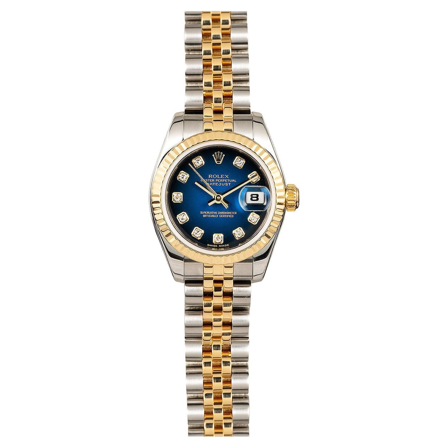 Rolex Lady-Datejust 26 179173 Blue Diamond Fluted 18K Yellow Gold Jubilee Watch For Sale