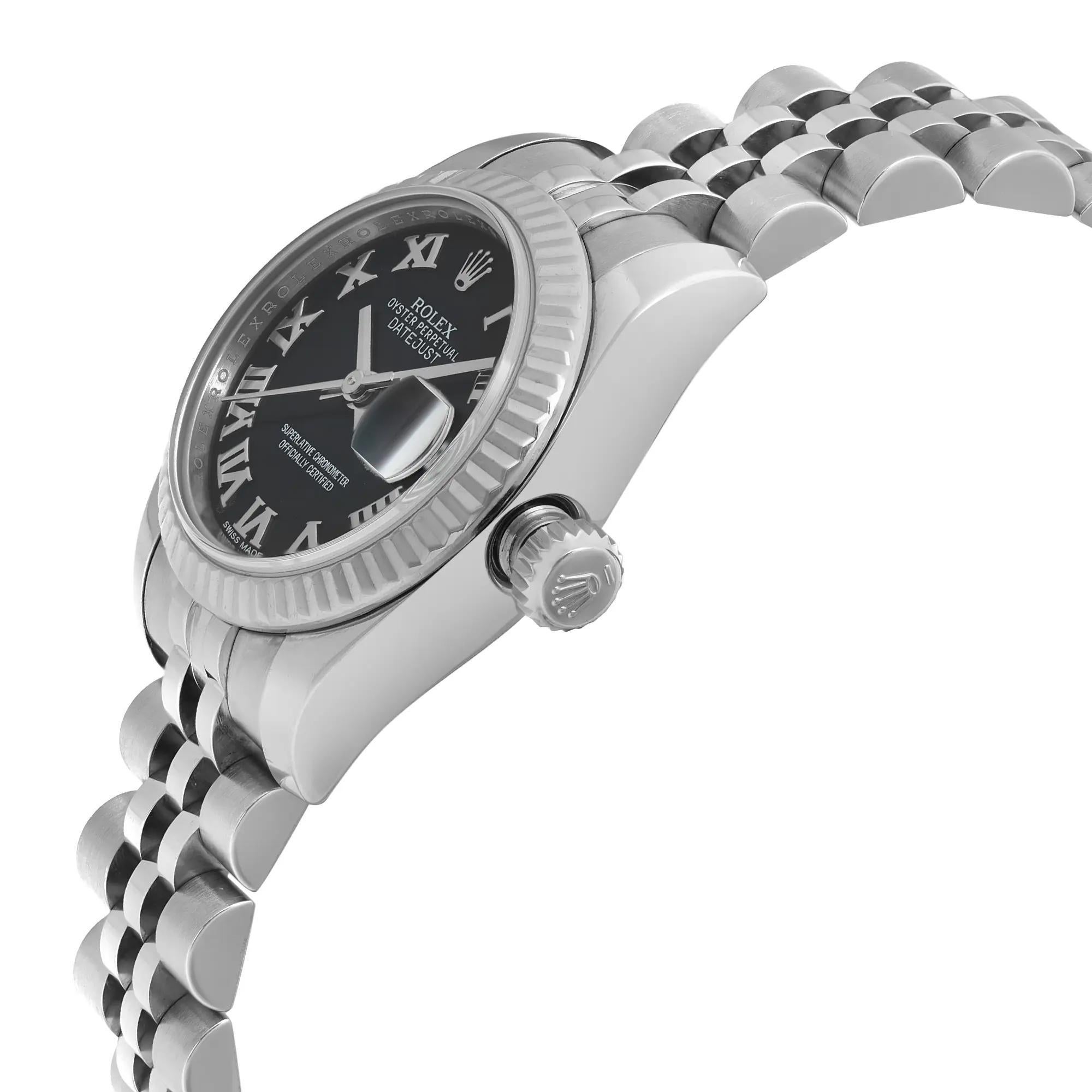 Reloj Rolex Lady-Datejust 26 de oro blanco de 18 quilates, acero y esfera romana negra 179174 en Excelente estado para la venta en New York, NY