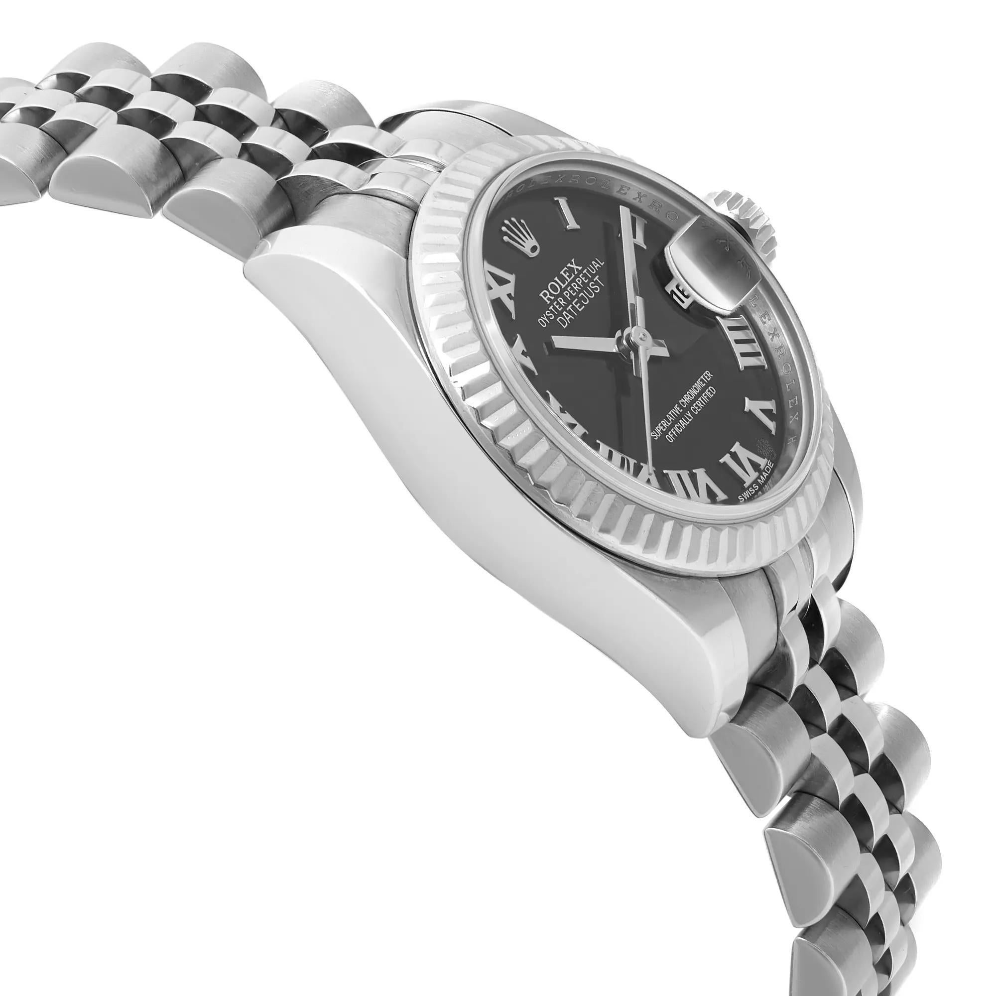 Women's Rolex Lady-Datejust 26 18K White Gold Steel Black Roman Dial Watch 179174 For Sale