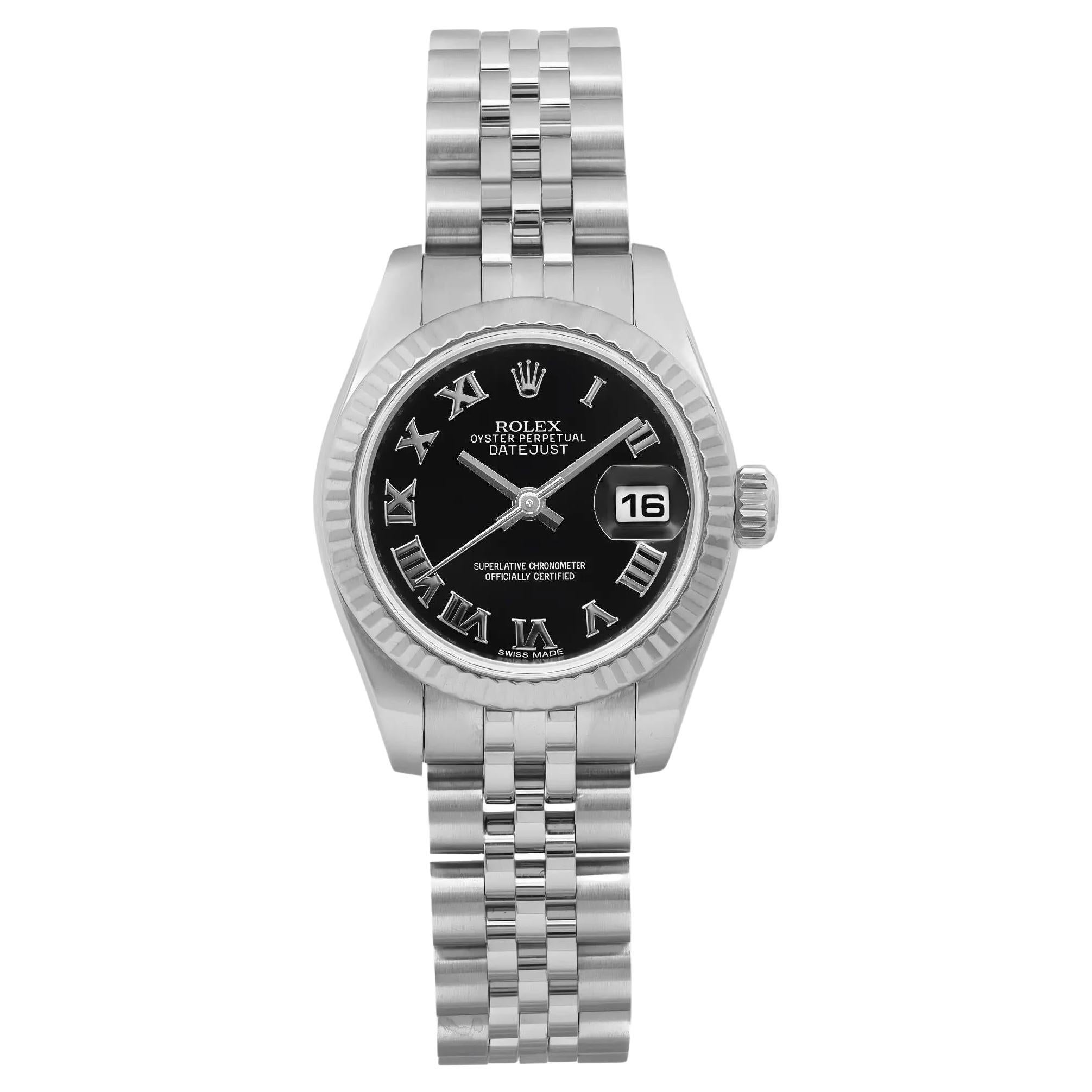 Rolex Lady-Datejust 26 18K White Gold Steel Black Roman Dial Watch 179174 For Sale